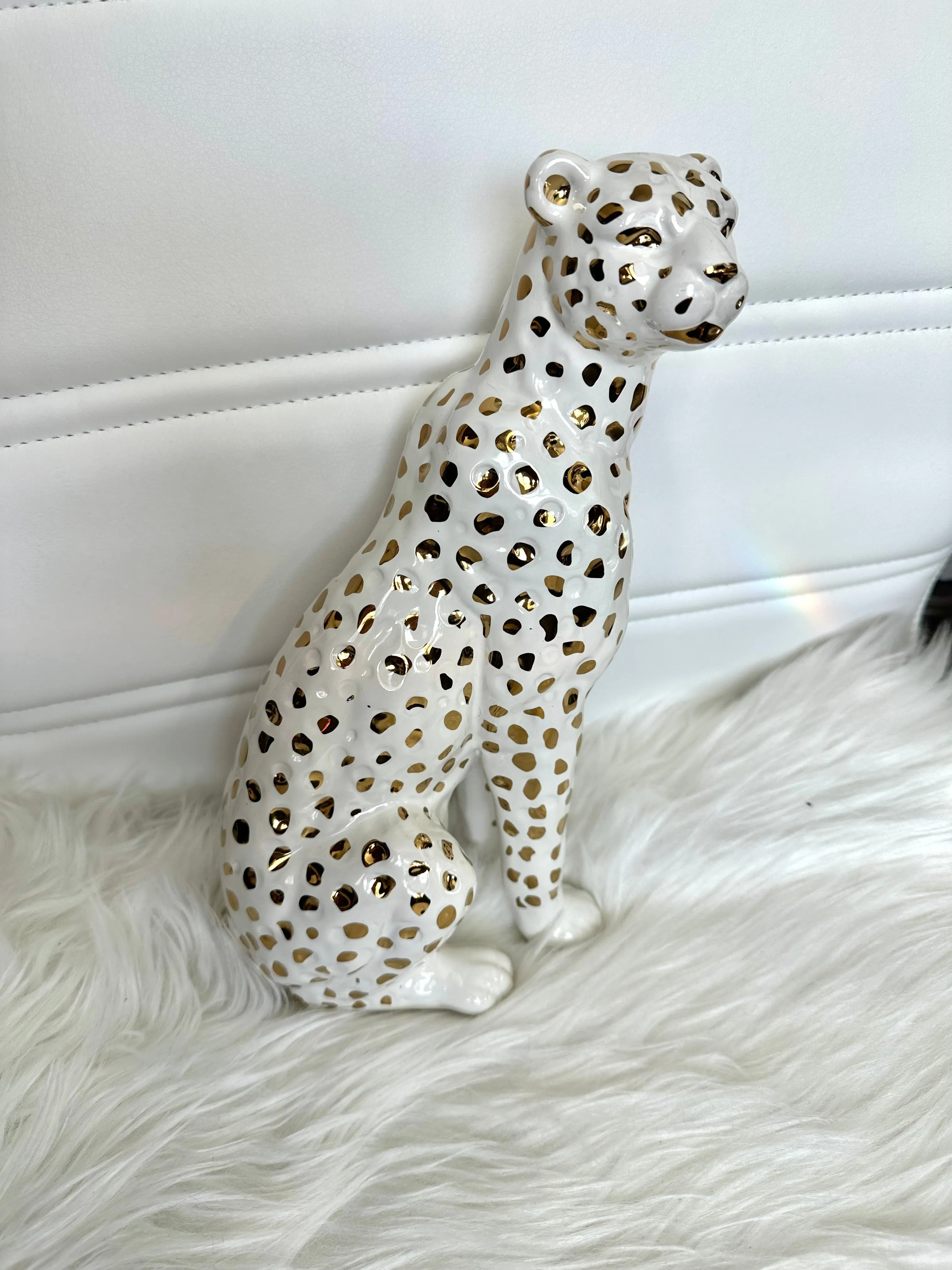 11” Tall Sitting Leopard Cheetah White & Gold Ceramic Sculpture Statue Home Deco