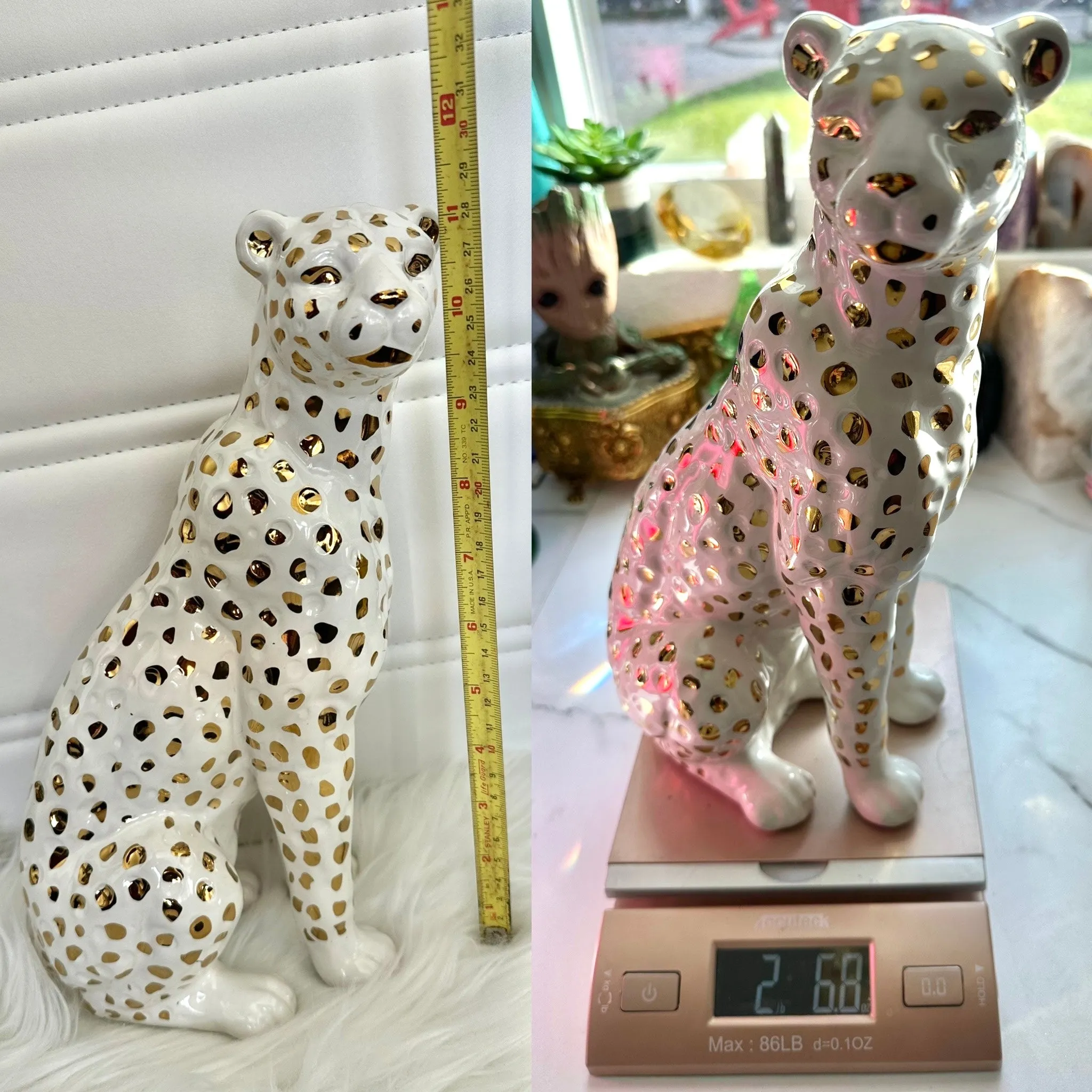 11” Tall Sitting Leopard Cheetah White & Gold Ceramic Sculpture Statue Home Deco