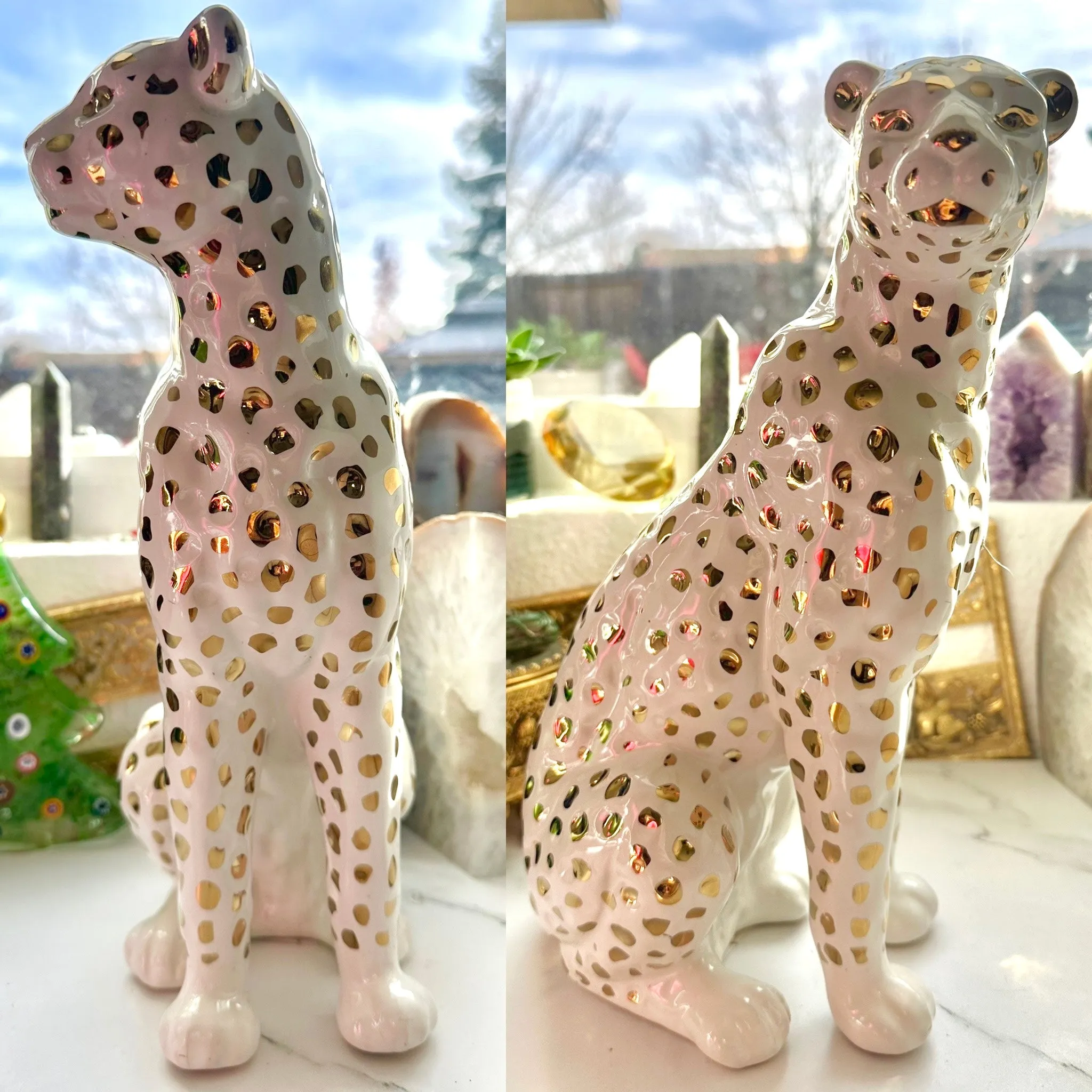 11” Tall Sitting Leopard Cheetah White & Gold Ceramic Sculpture Statue Home Deco