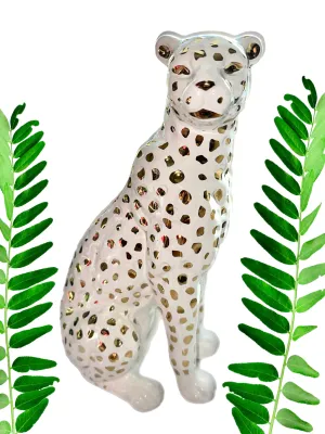 11” Tall Sitting Leopard Cheetah White & Gold Ceramic Sculpture Statue Home Deco