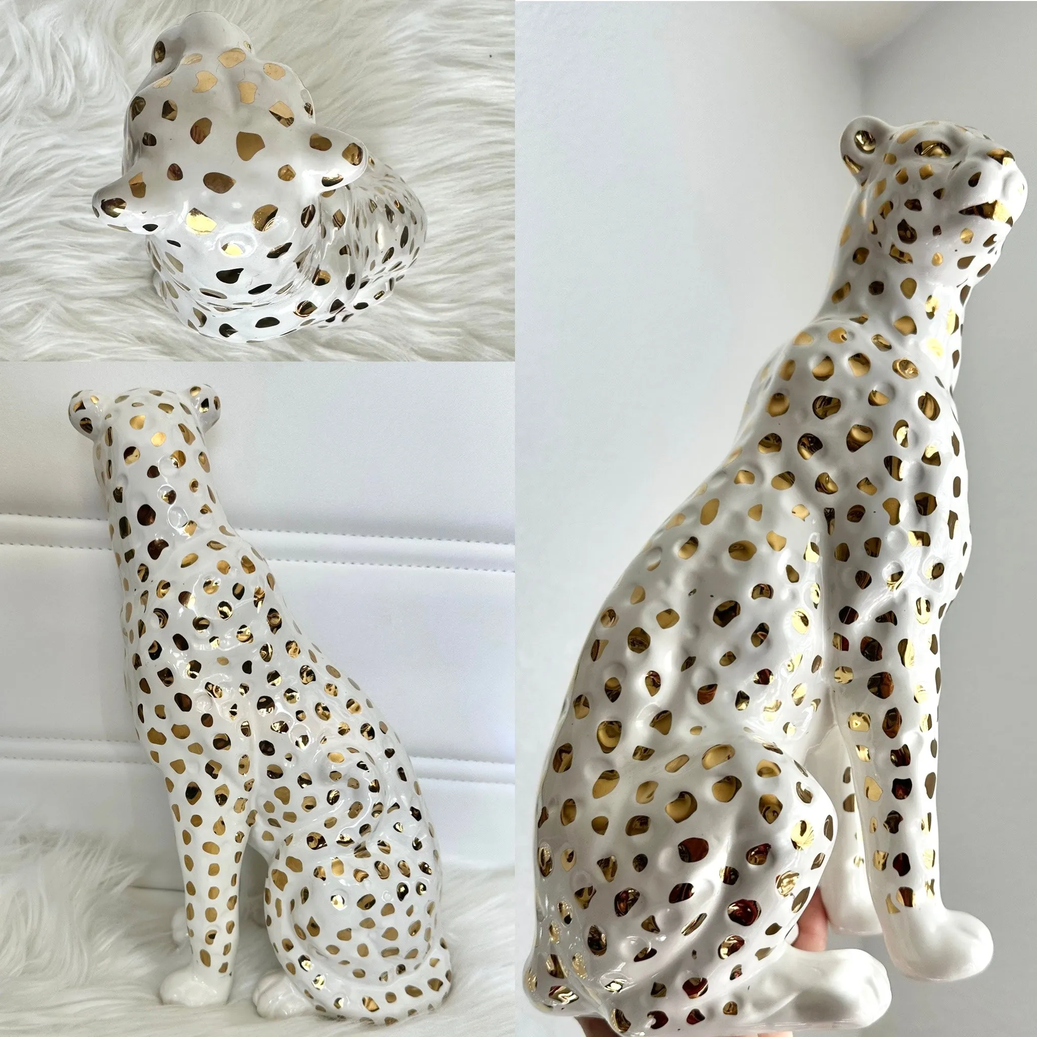 11” Tall Sitting Leopard Cheetah White & Gold Ceramic Sculpture Statue Home Deco