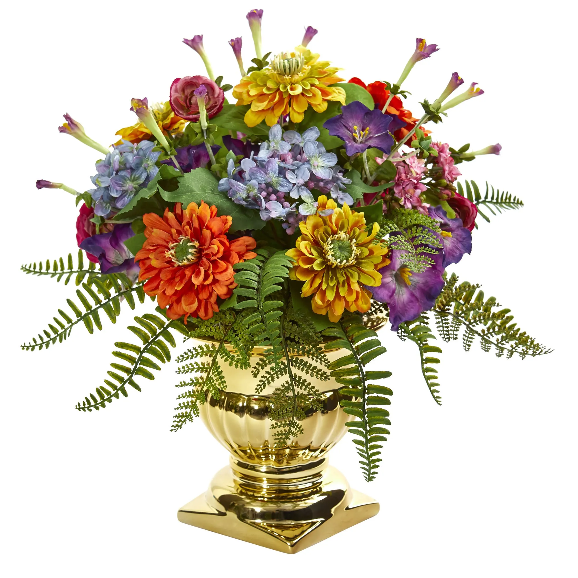 14" Artificial Mixed Floral Arrangement in Gold Urn, Low Maintenance, Life-Like & Vibrant Silk Flowers For Busy People.