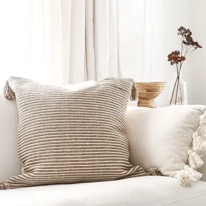 24” Woven Stripe Pillow/ Tan Cream Tassel Pillow/ Modern Farmhouse Decor