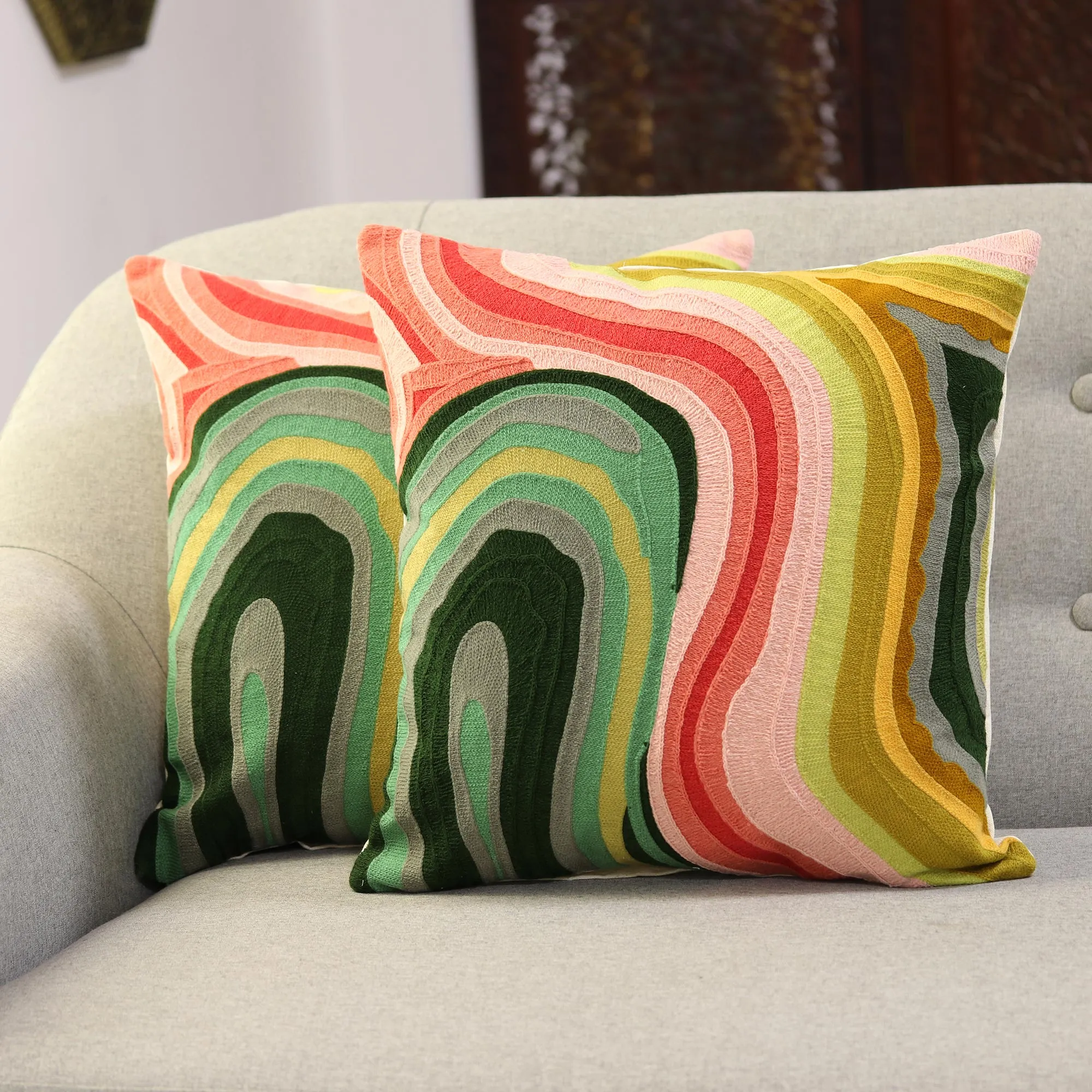 Abstract Evening Colorful Abstract Embroidered Cotton Cushion Covers (Pair)