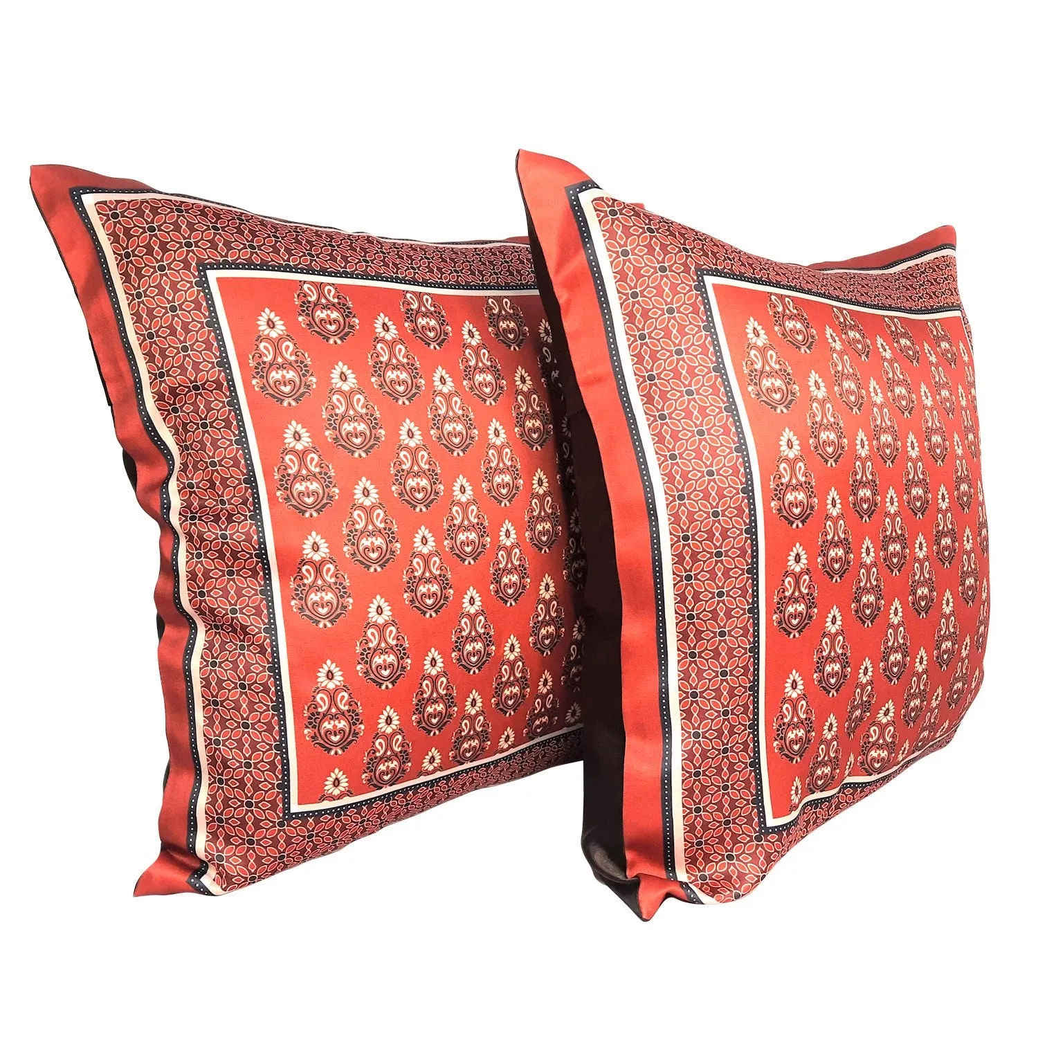 Ajrakh Maroon Satin Cushion Cover - 16 in x 16 in - Set of 2