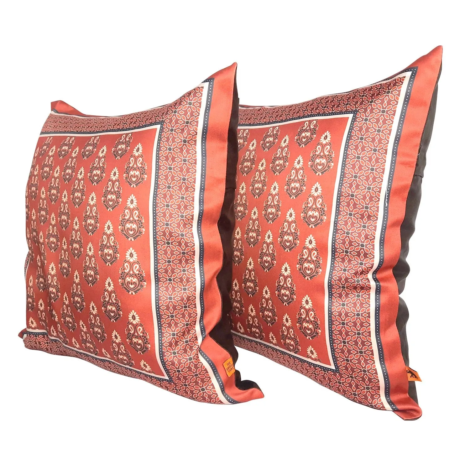 Ajrakh Maroon Satin Cushion Cover - 16 in x 16 in - Set of 2