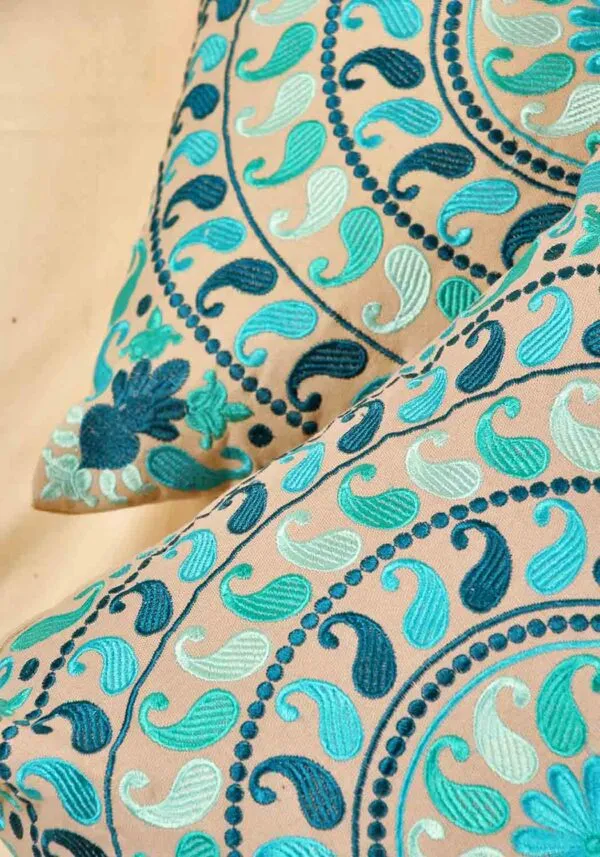 Aqua Paisley Embroidered Cushion Cover