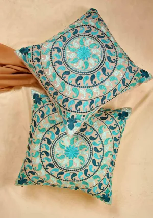 Aqua Paisley Embroidered Cushion Cover