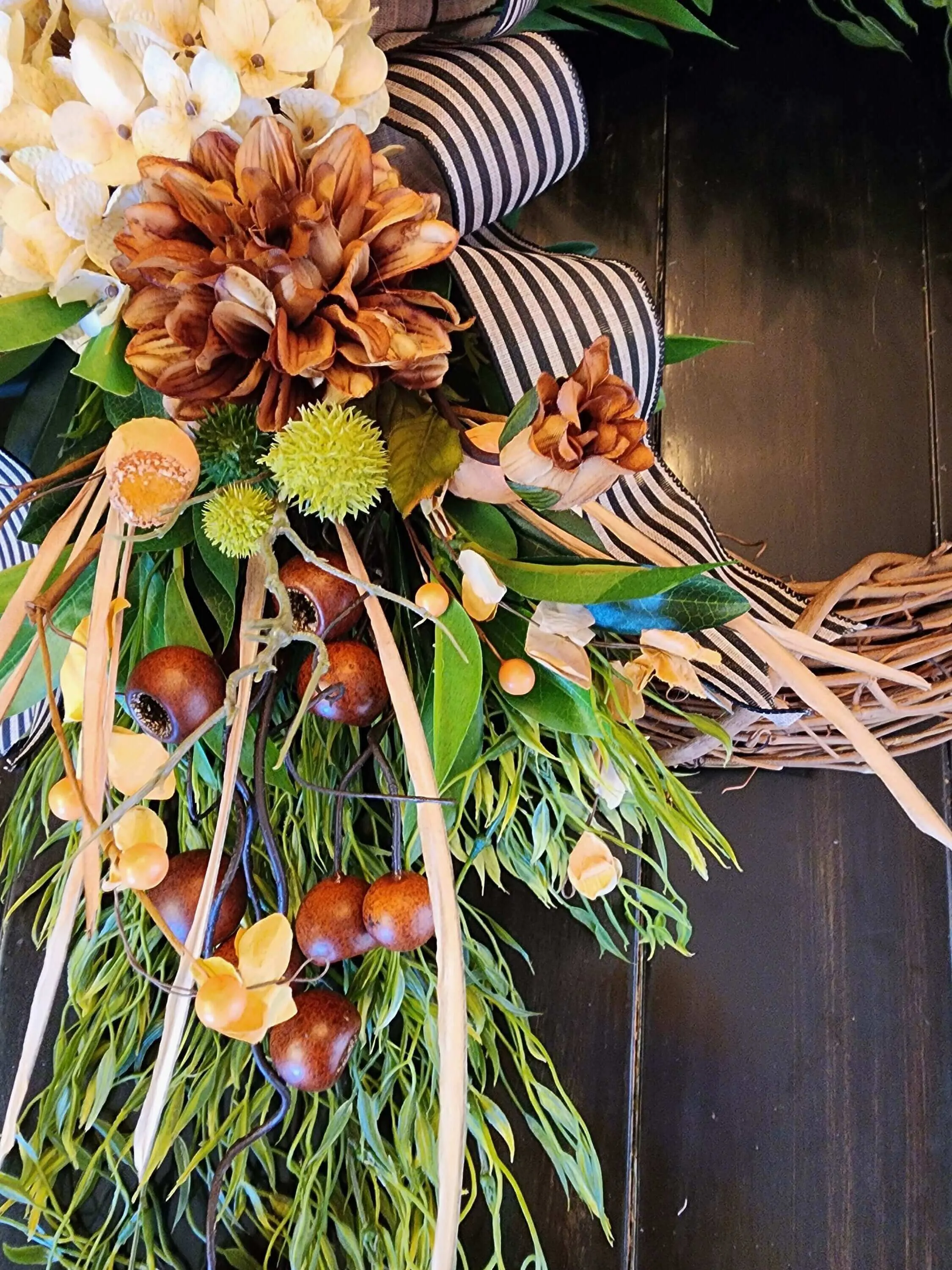 Autumn country wreath, warm toned wreath, farmhouse wreath,  front door wreath, wreath with florals and ribbon.