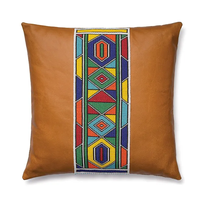 Beaded Leather Pillow Cover | Brown Square