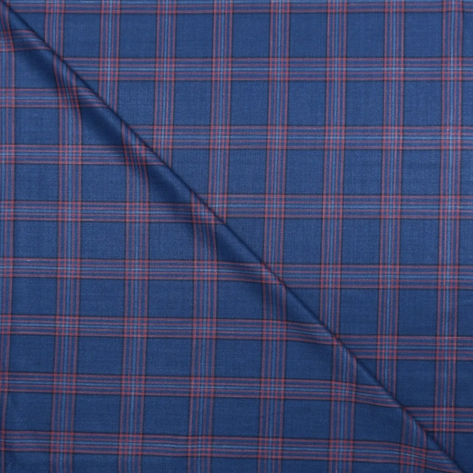 Blue and Red Tartan Ariston Wool, Silk and Linen Blend Fabric