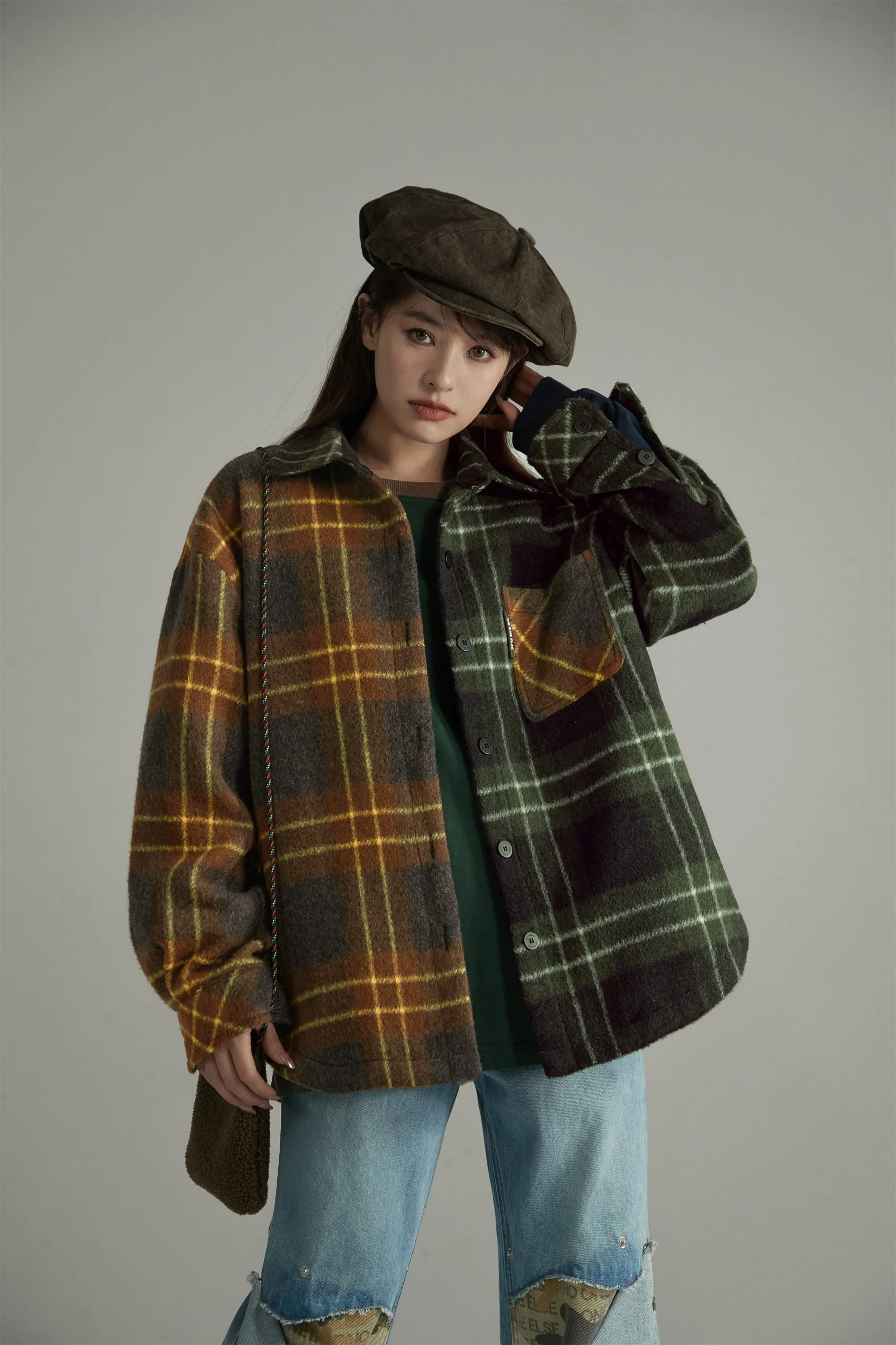 Check Colored Loose Fit Coat