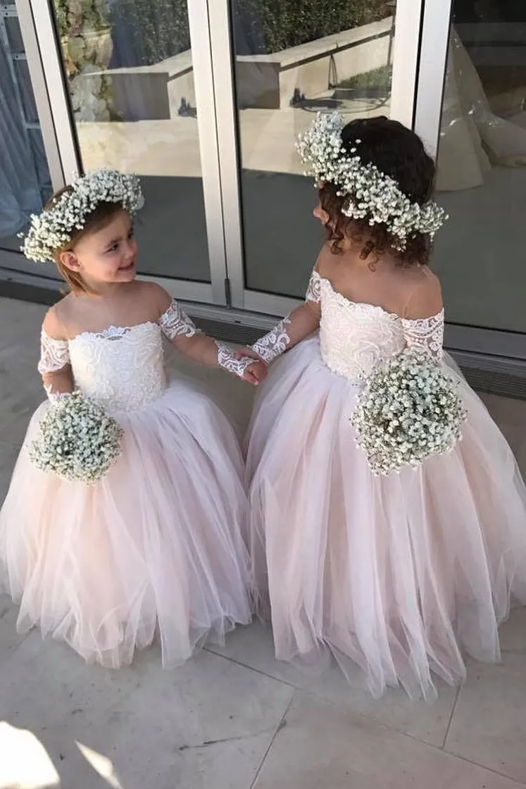 Chic Long Sleeves Off-The-Shoulder Tulle Flower Girl Dress OF122