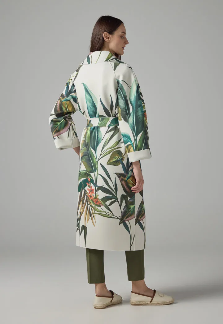 Choice Floral Print Flared Belted Coat Multi Color