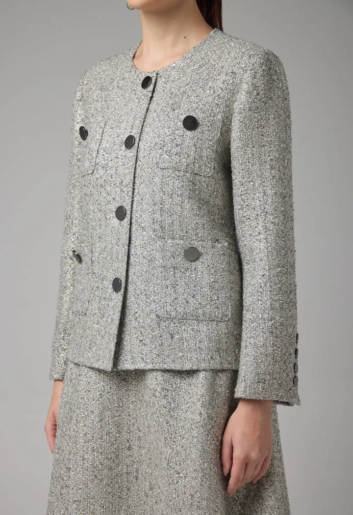 Choice Multi Front Pockets Tweed Lurex Jacket Grey