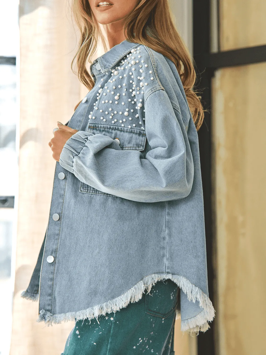 Collared Neck Raw Hem Dropped Shoulder Denim Jacket