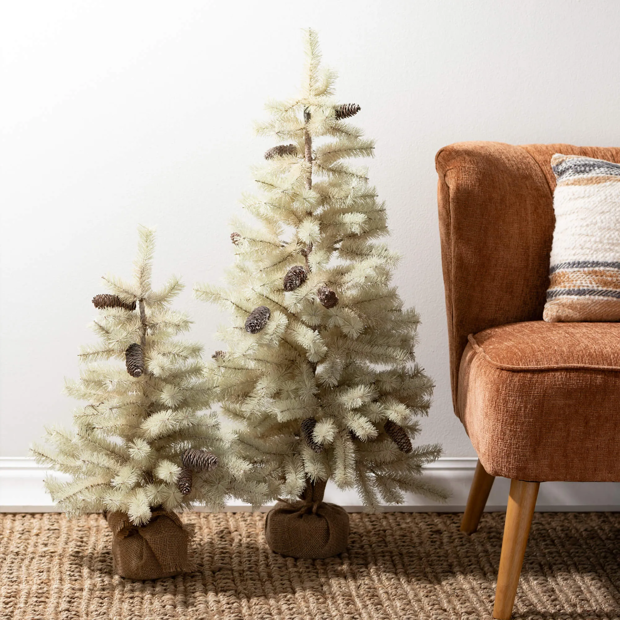 Cream Pine Frosted Tree Set