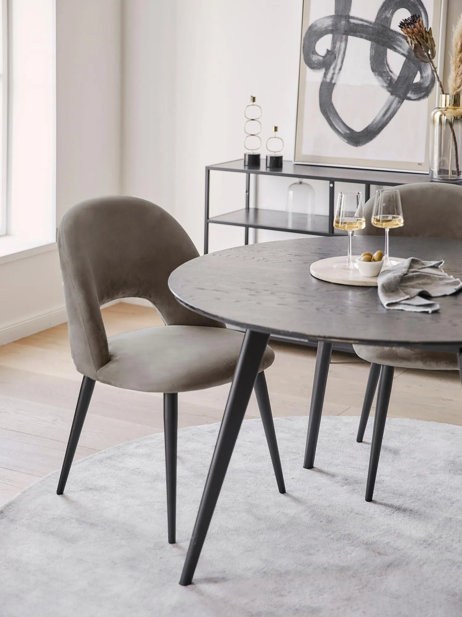 Dining Chair Black With Light Grey Fabric Finish