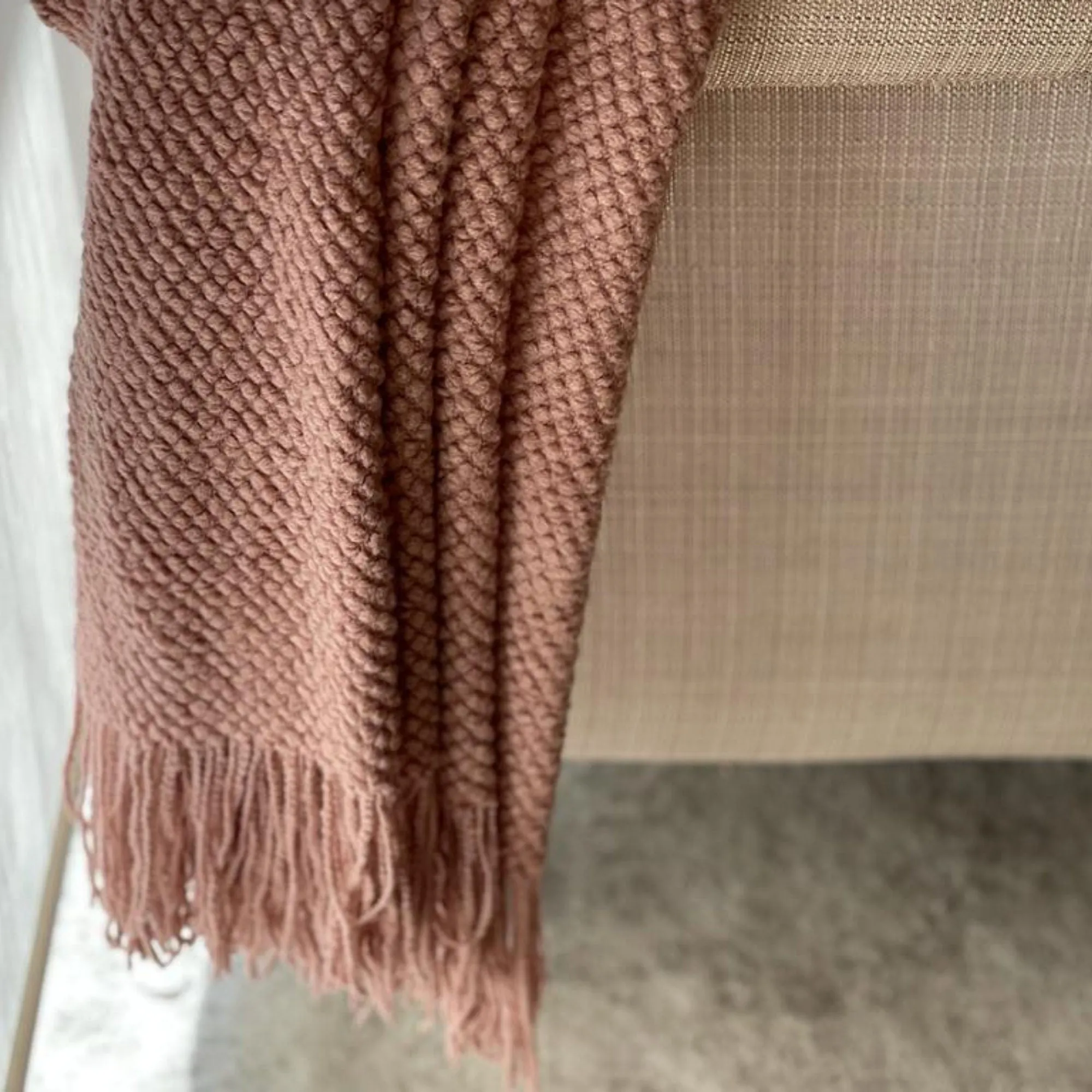 Dusty rose knitted throw blanket for couch