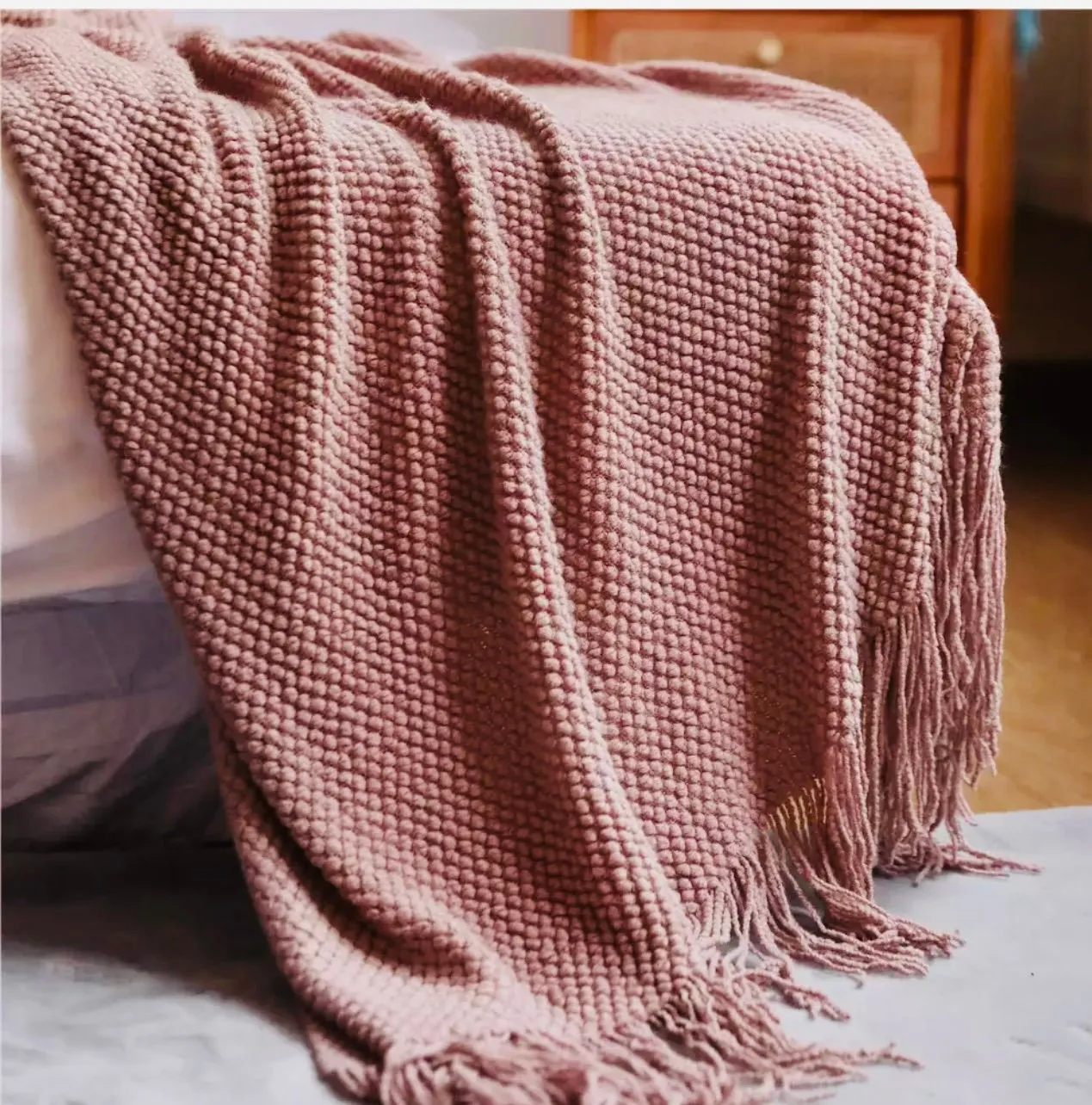 Dusty rose knitted throw blanket for couch