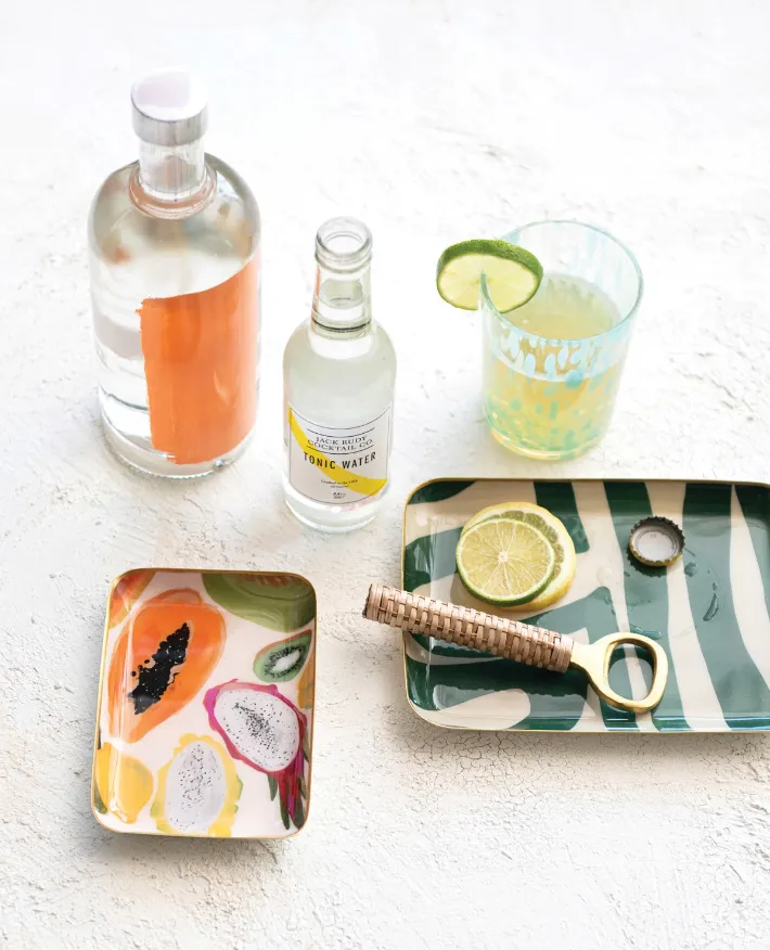 Enameled Metal Tray with Fruit, Abstract & Gold Rim