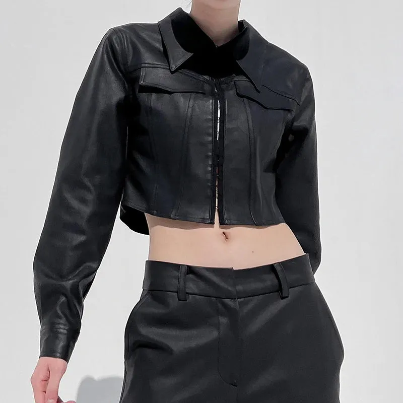 Fashion Chic Black PU Leather Jacket Women Cropped Pins-Up Streetwear Basic Autumn Coat Outwear Slim Jackets Clothing