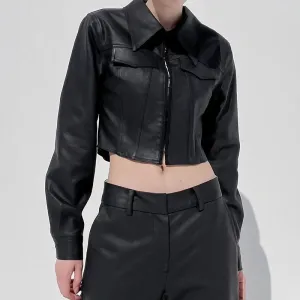 Fashion Chic Black PU Leather Jacket Women Cropped Pins-Up Streetwear Basic Autumn Coat Outwear Slim Jackets Clothing