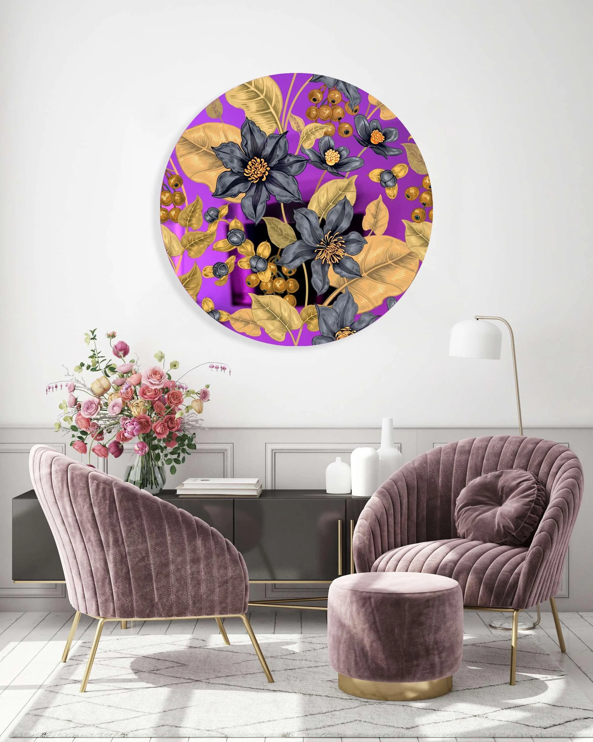 Flowers and Berries Printed Mirror Acrylic Circles