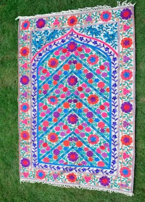 Fluorescent Creamy White Colour With Multi Colour Thread Kashmiri Aari Work Prayer Rug