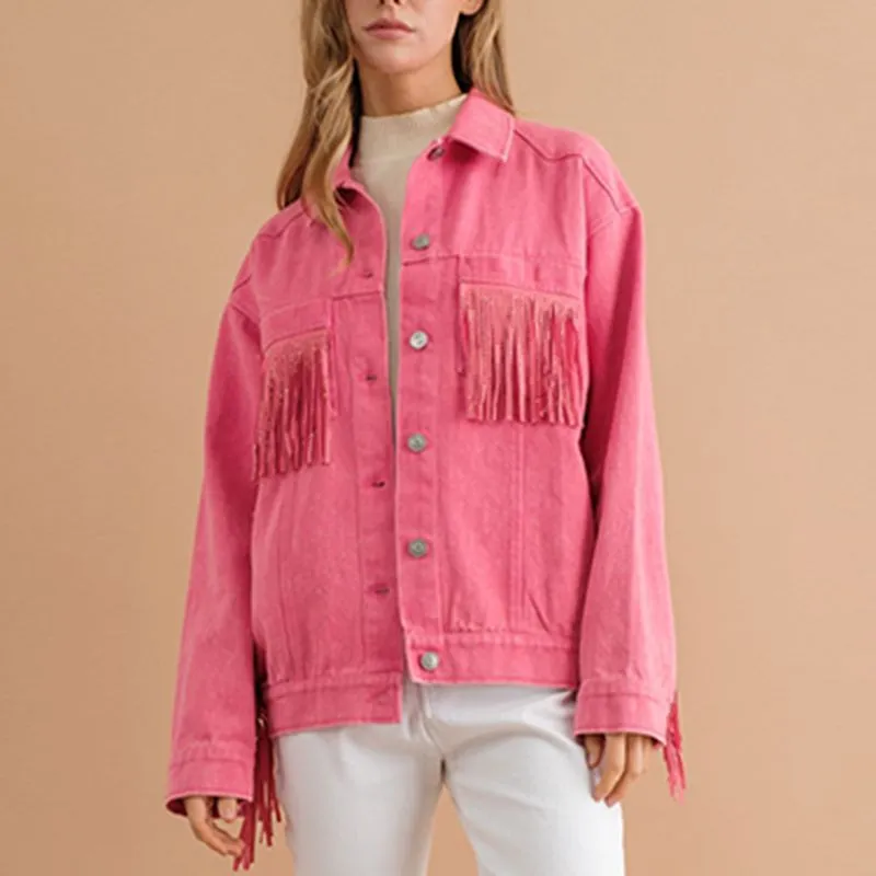 Fringe Detail Dropped Shoulder Denim Jacket