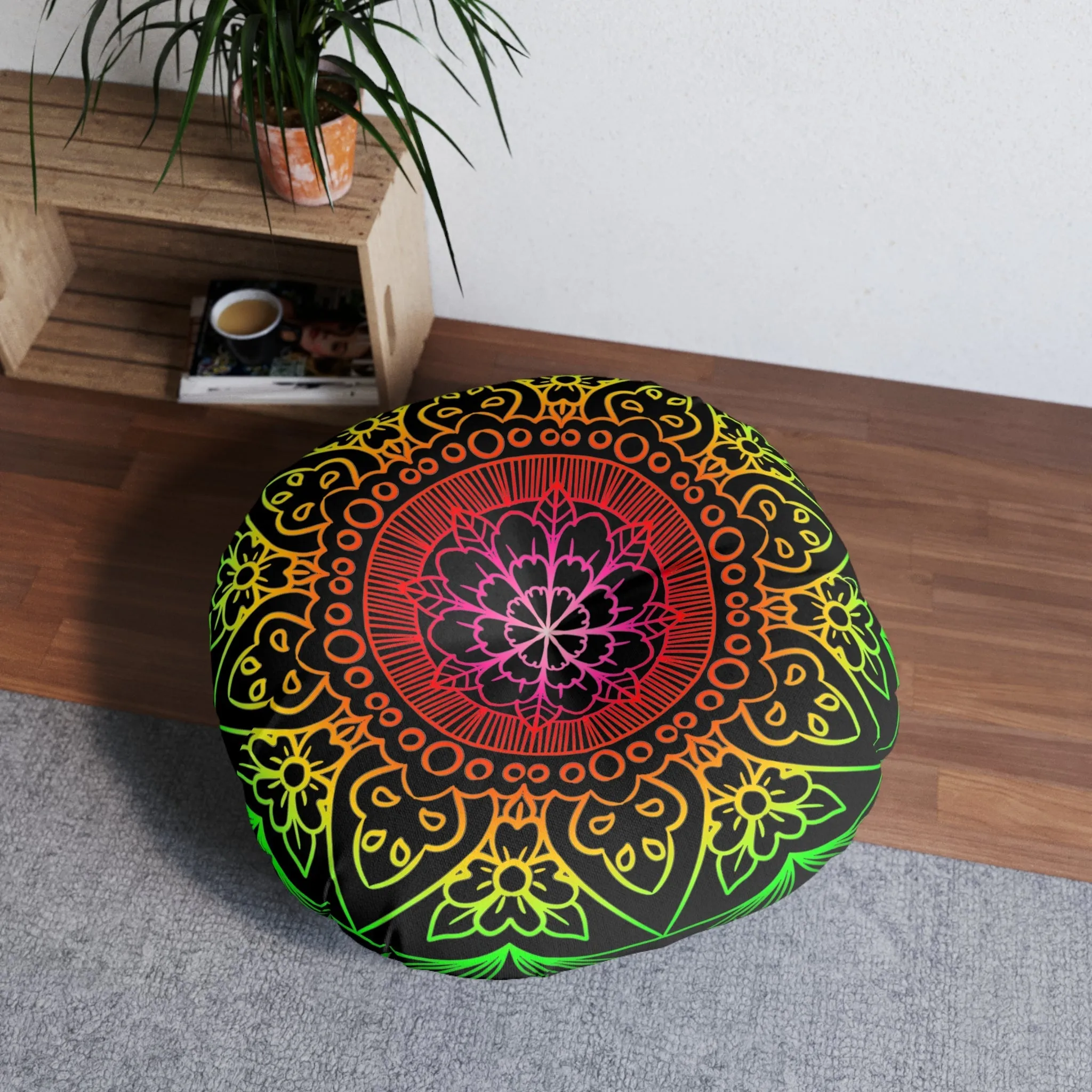 Hand Drawn Mandala Art Design Floor Cushion - Round