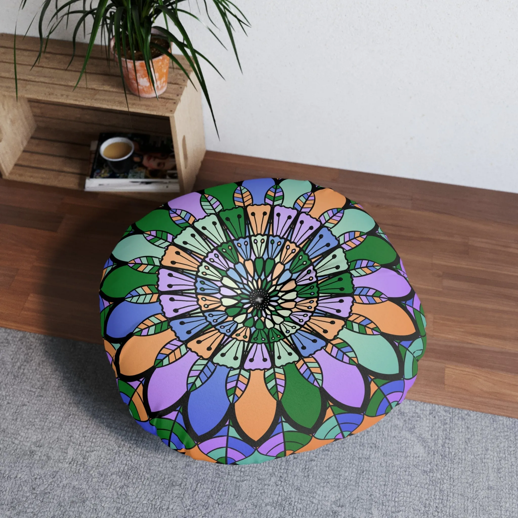 Hand Drawn Mandala Art Floor Cushion - Dark Blue - Round