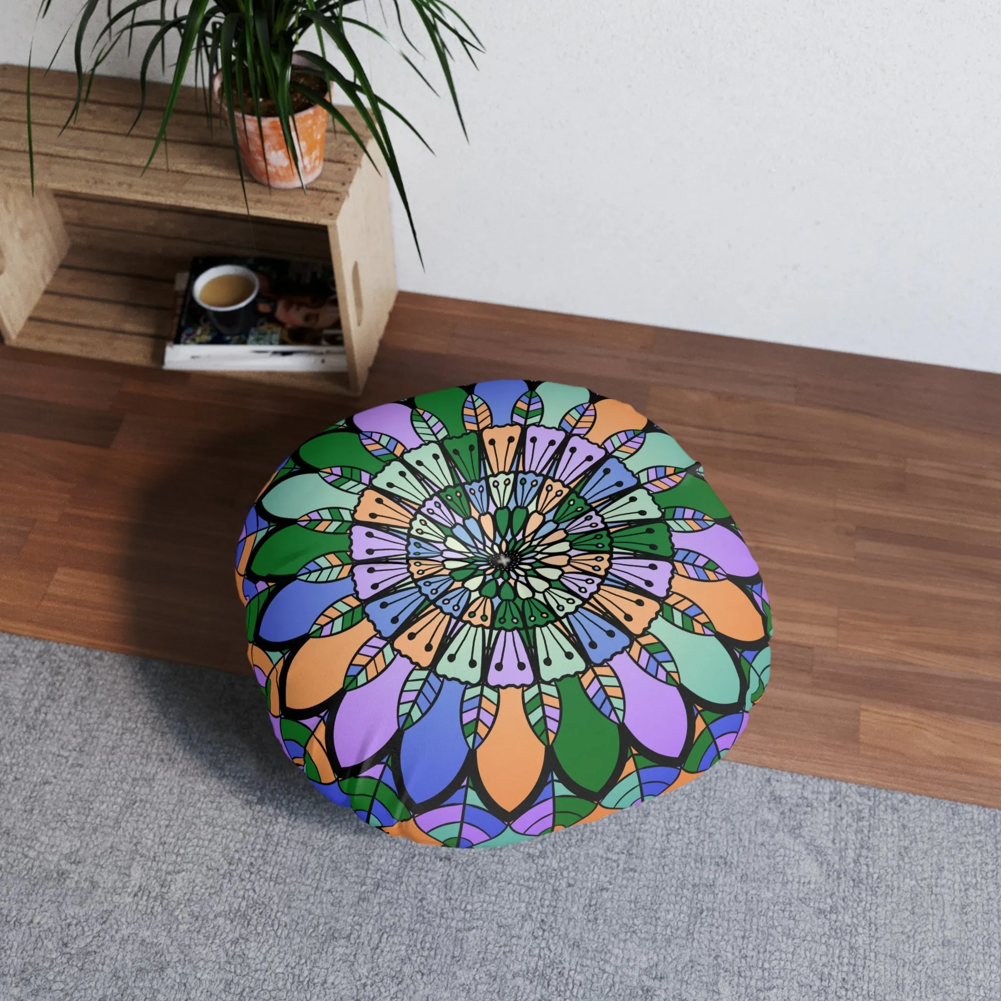 Hand Drawn Mandala Art Floor Cushion - Dark Blue - Round