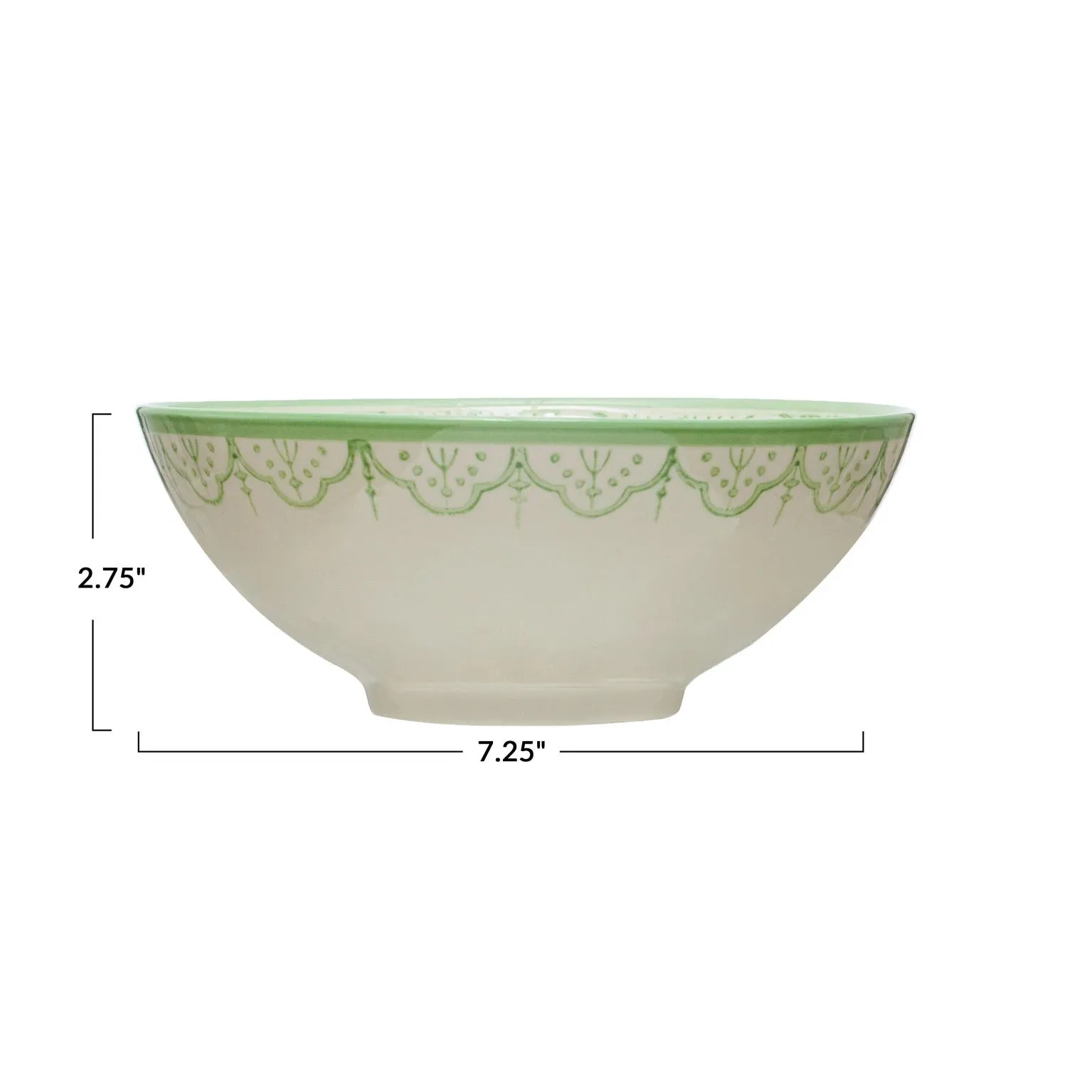 Hand-Painted Stoneware Bowl w/ Flower Pattern - White & Green