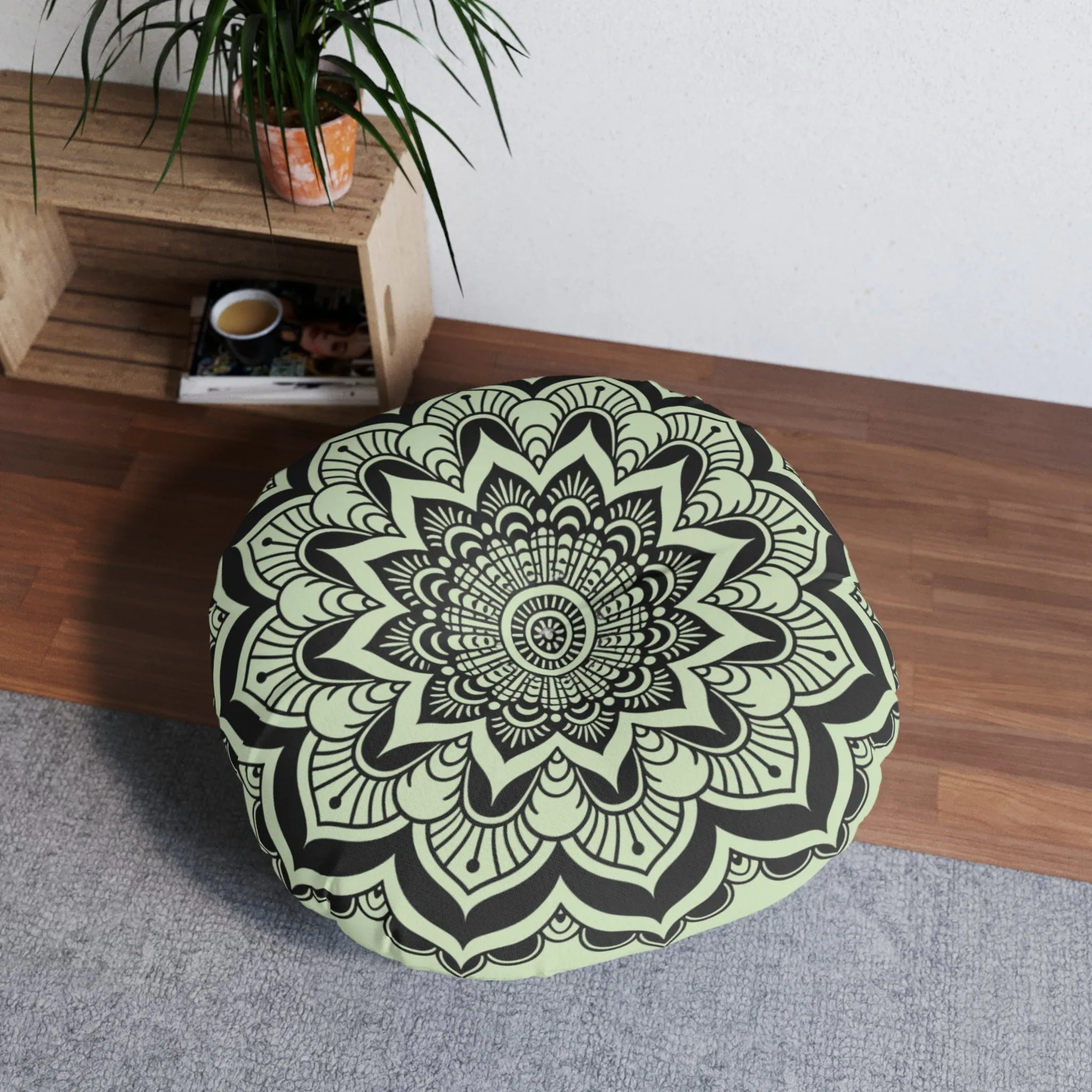 Handmade Mandala Art Floor Cushion - Light Teal Round Pillow