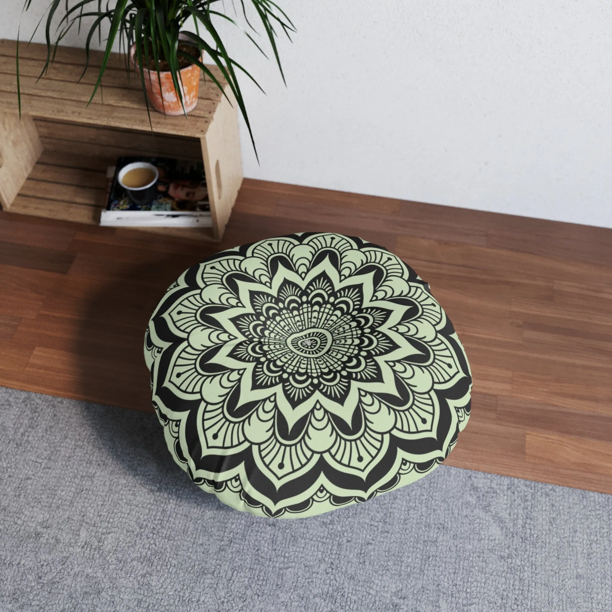 Handmade Mandala Art Floor Cushion - Light Teal Round Pillow