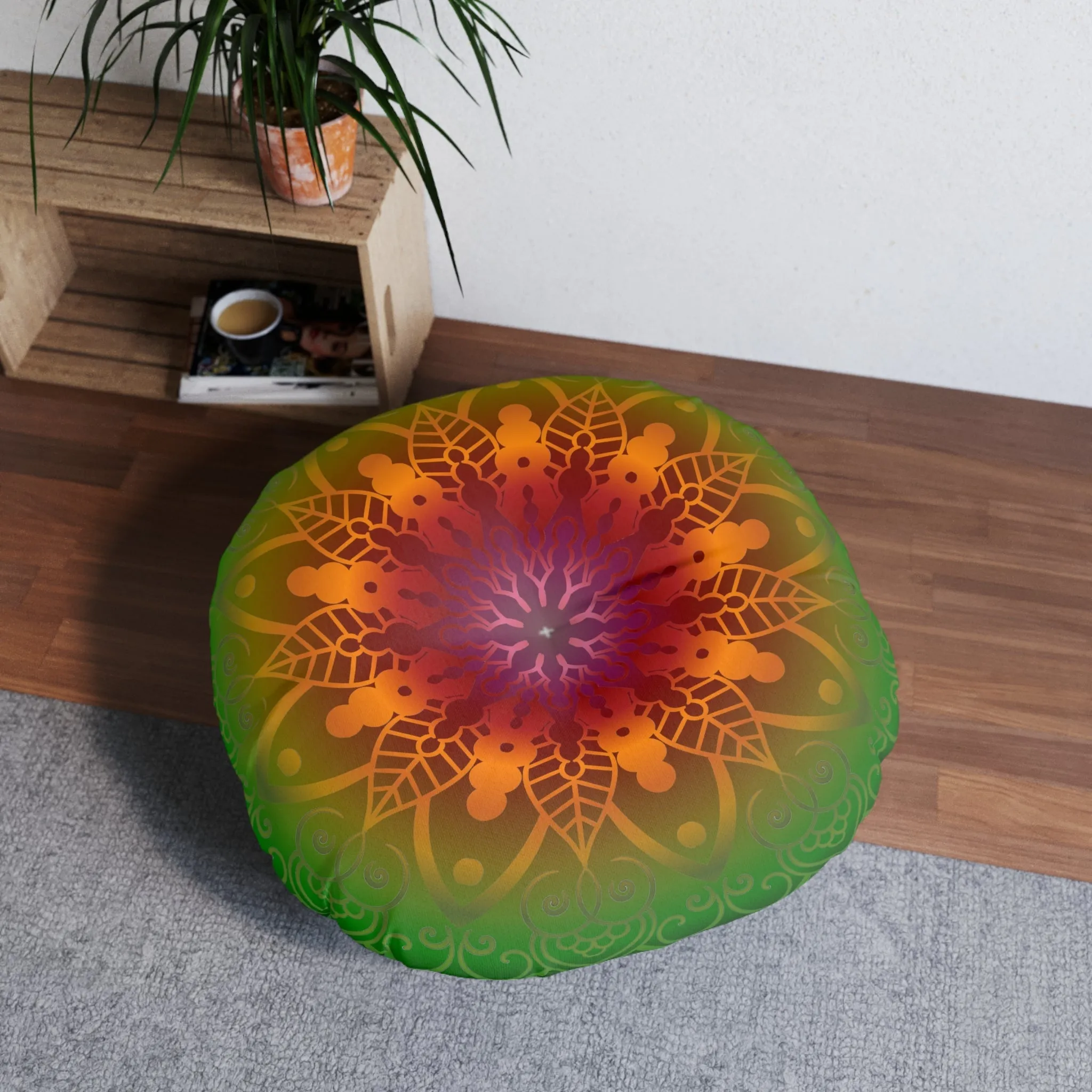 Handmade Mandala Art Floor Cushion - Rainbow Flower Mandala on Black