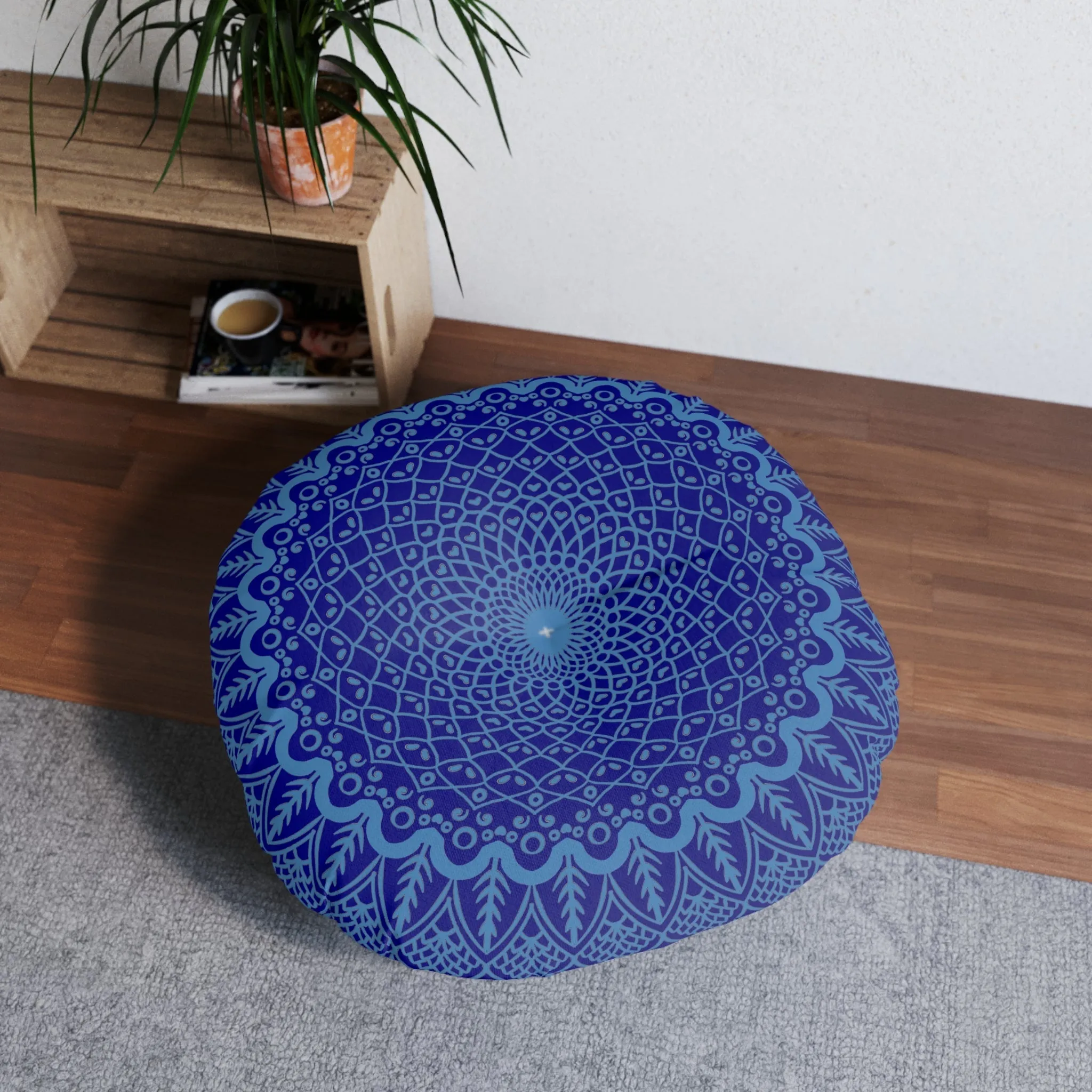 Handmade Mandala Art Floor Cushion - Steel Blue Navy Blue - Tufted Round