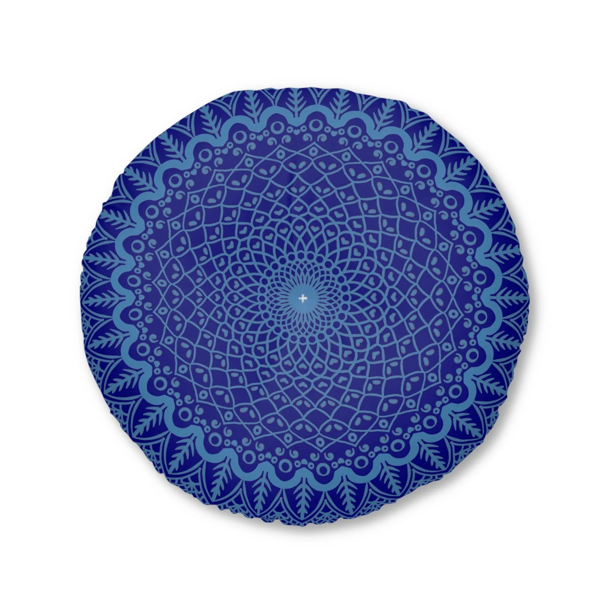 Handmade Mandala Art Floor Cushion - Steel Blue Navy Blue - Tufted Round