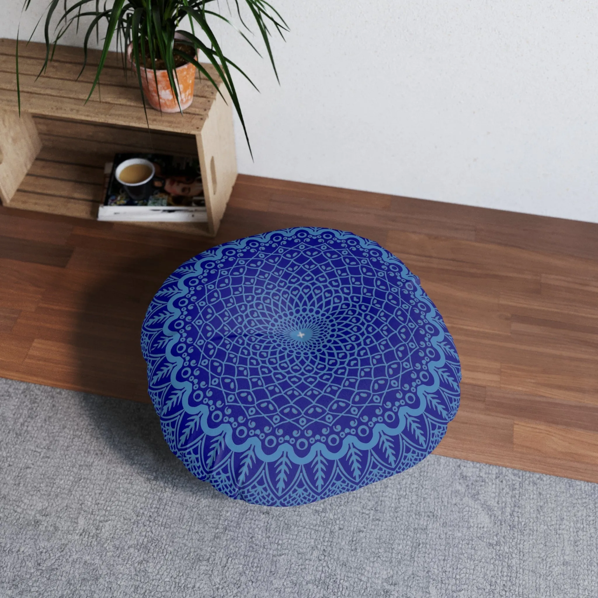 Handmade Mandala Art Floor Cushion - Steel Blue Navy Blue - Tufted Round