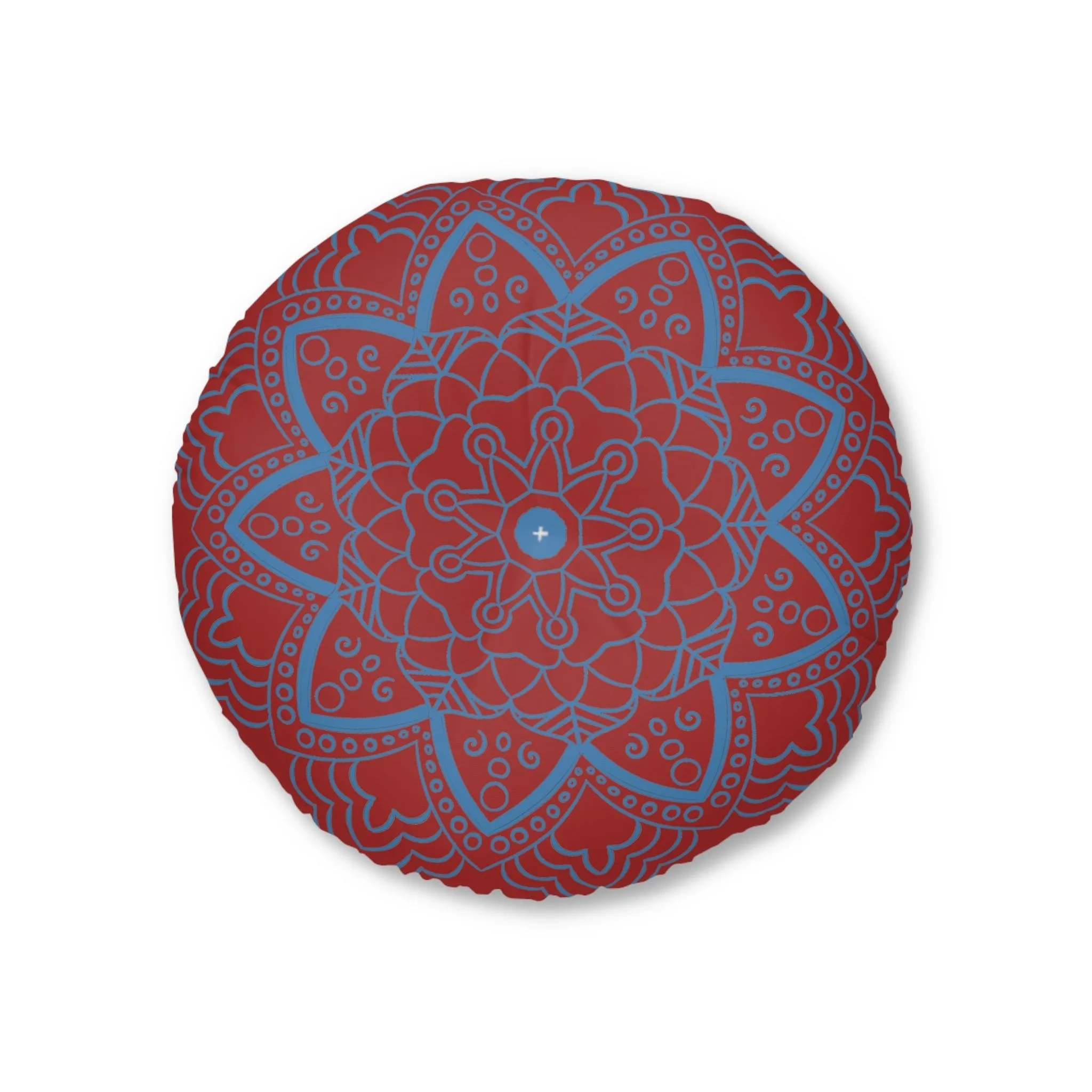 Handmade Mandala Art Floor Cushion - Steel Blue on Brown - Tufted Round