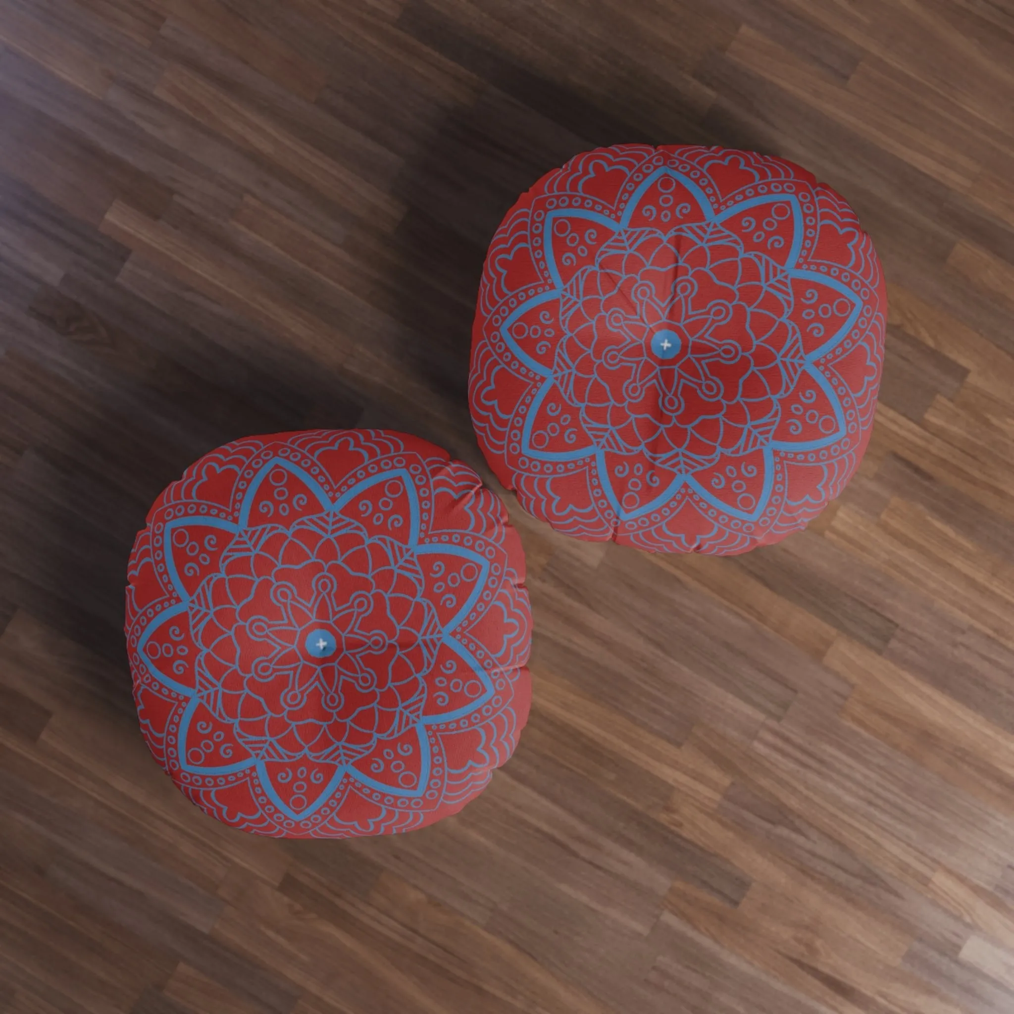 Handmade Mandala Art Floor Cushion - Steel Blue on Brown - Tufted Round