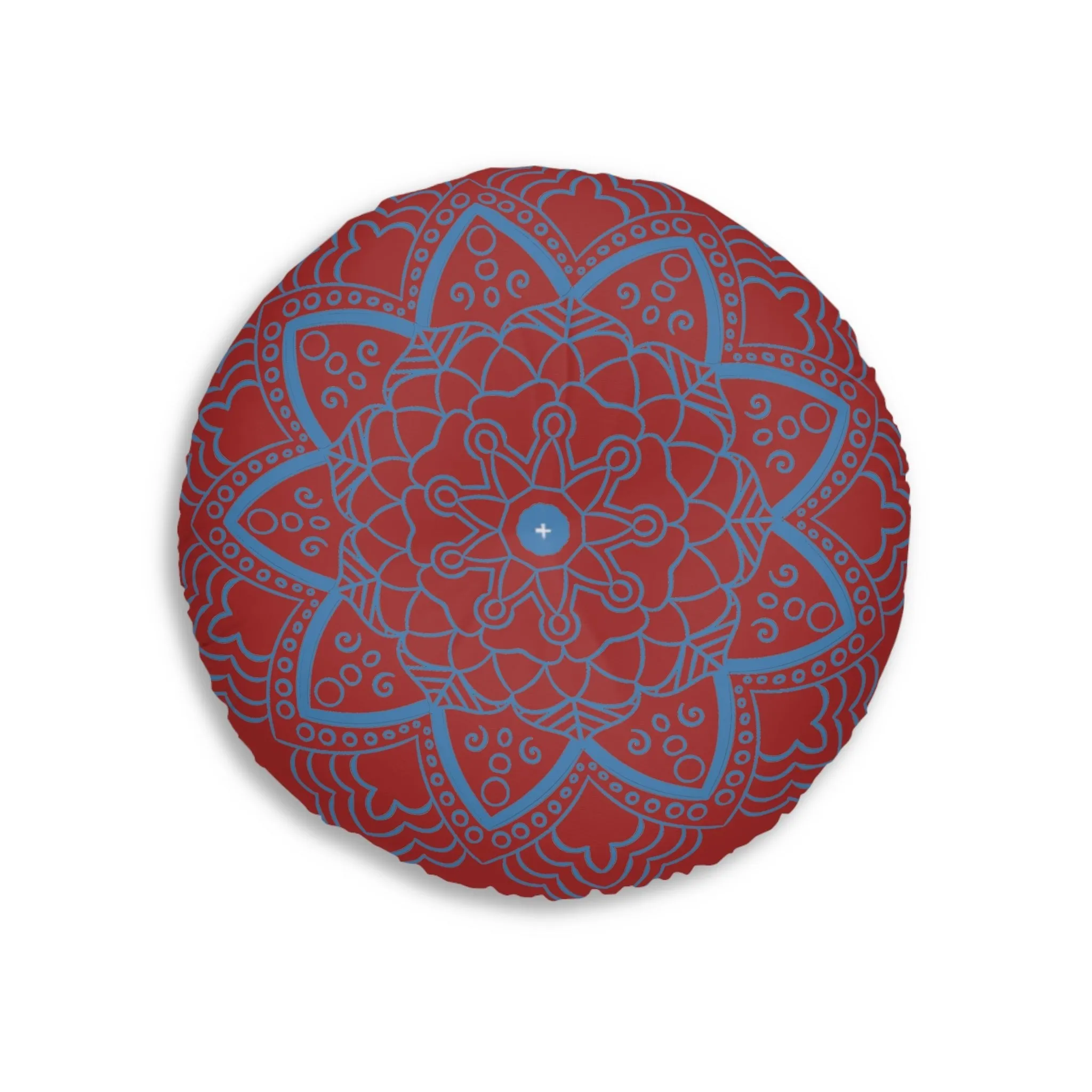 Handmade Mandala Art Floor Cushion - Steel Blue on Brown - Tufted Round