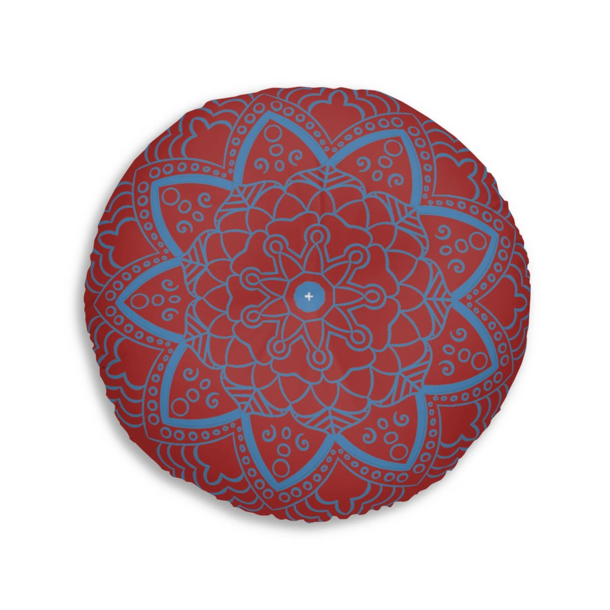 Handmade Mandala Art Floor Cushion - Steel Blue on Brown - Tufted Round