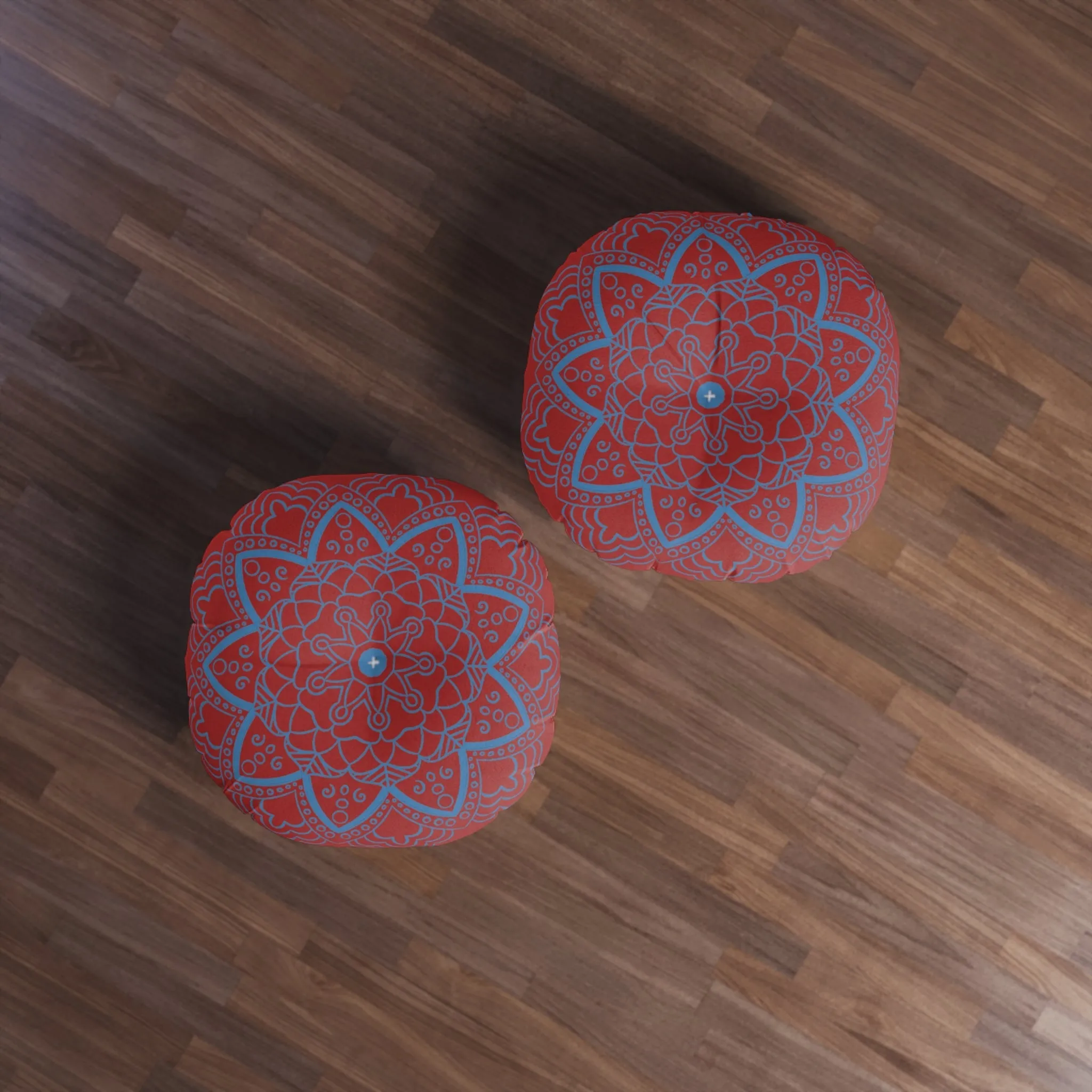 Handmade Mandala Art Floor Cushion - Steel Blue on Brown - Tufted Round