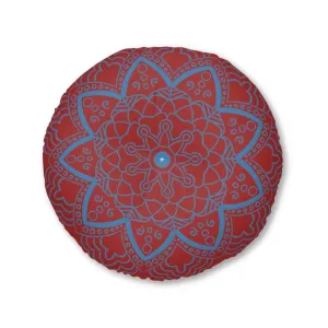 Handmade Mandala Art Floor Cushion - Steel Blue on Brown - Tufted Round