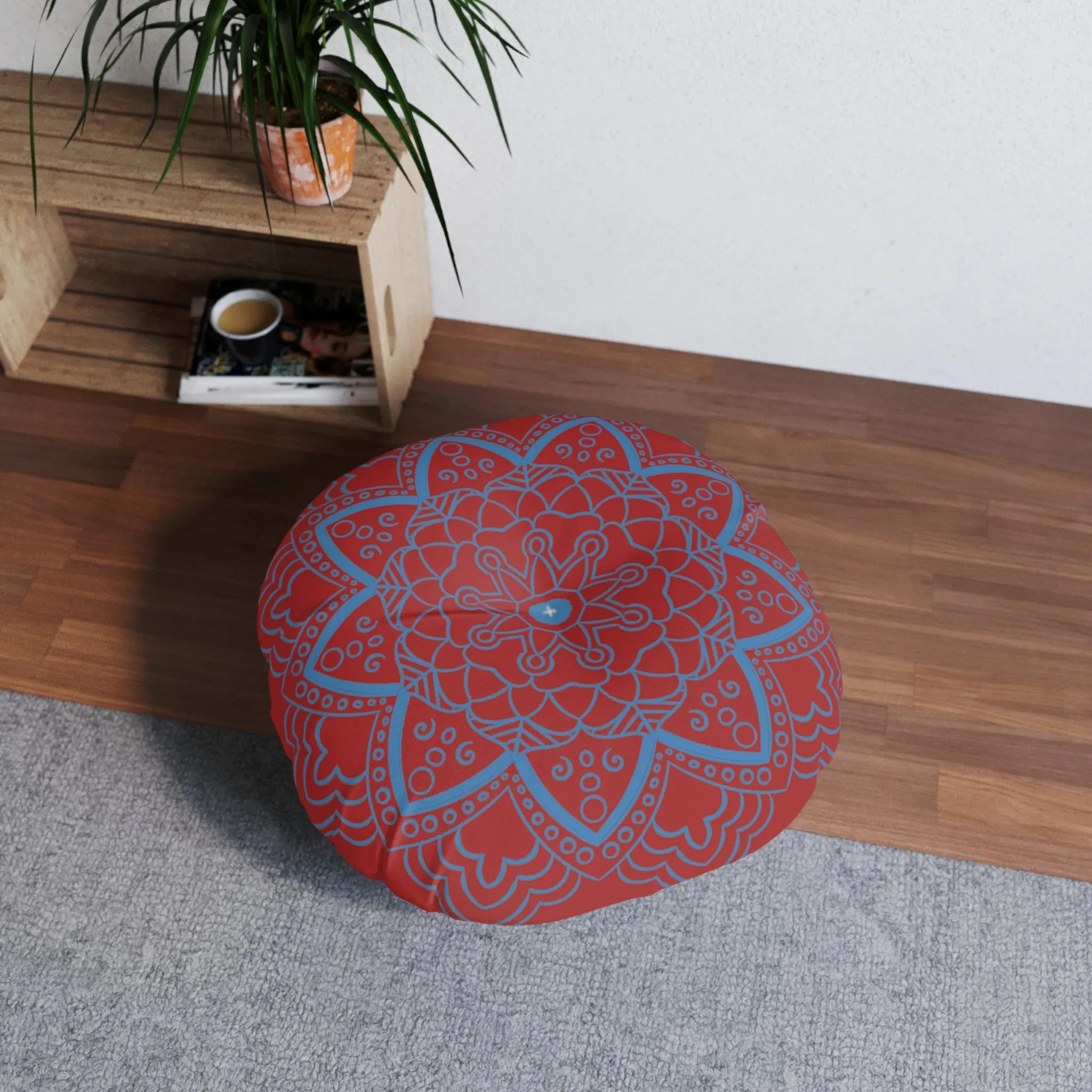 Handmade Mandala Art Floor Cushion - Steel Blue on Brown - Tufted Round