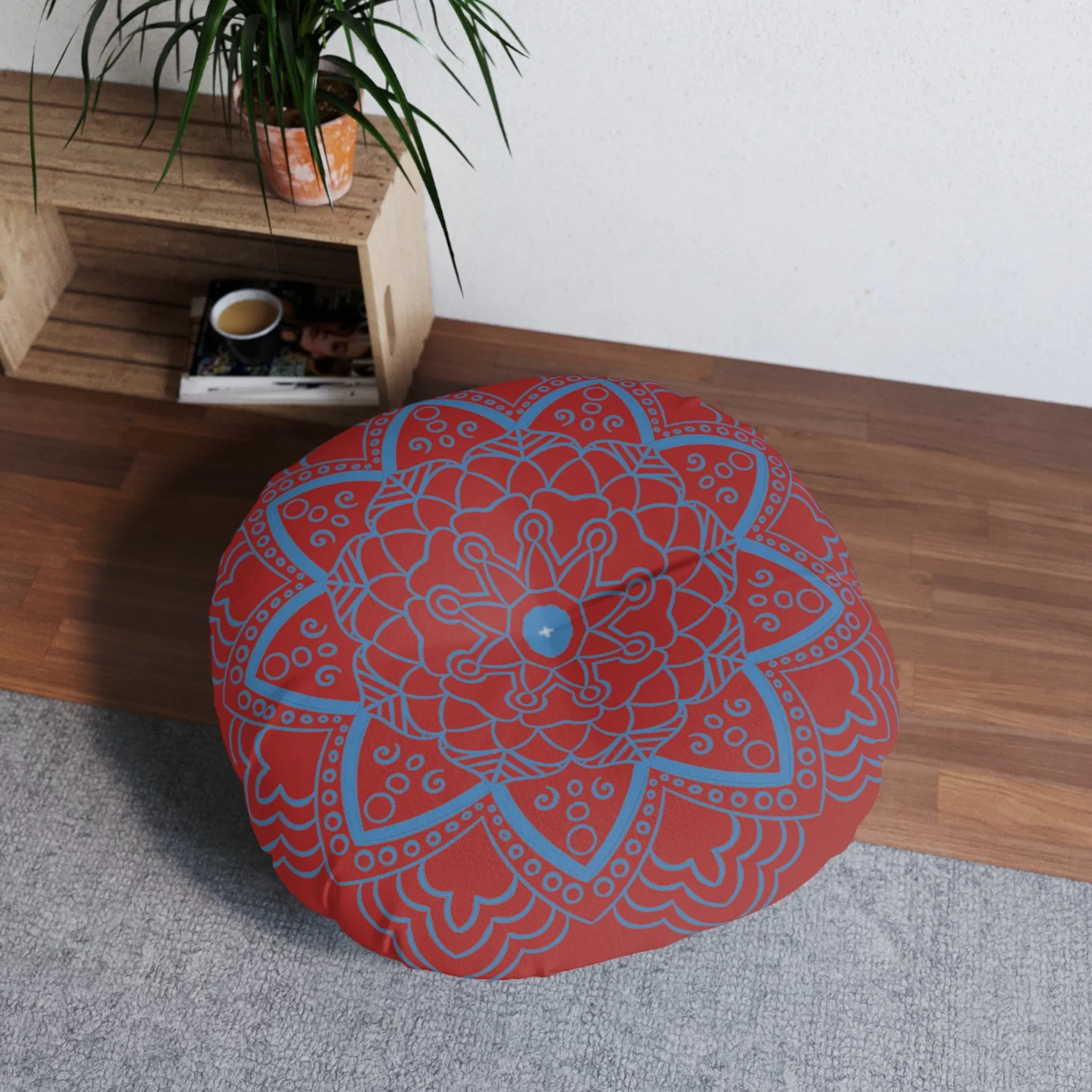 Handmade Mandala Art Floor Cushion - Steel Blue on Brown - Tufted Round