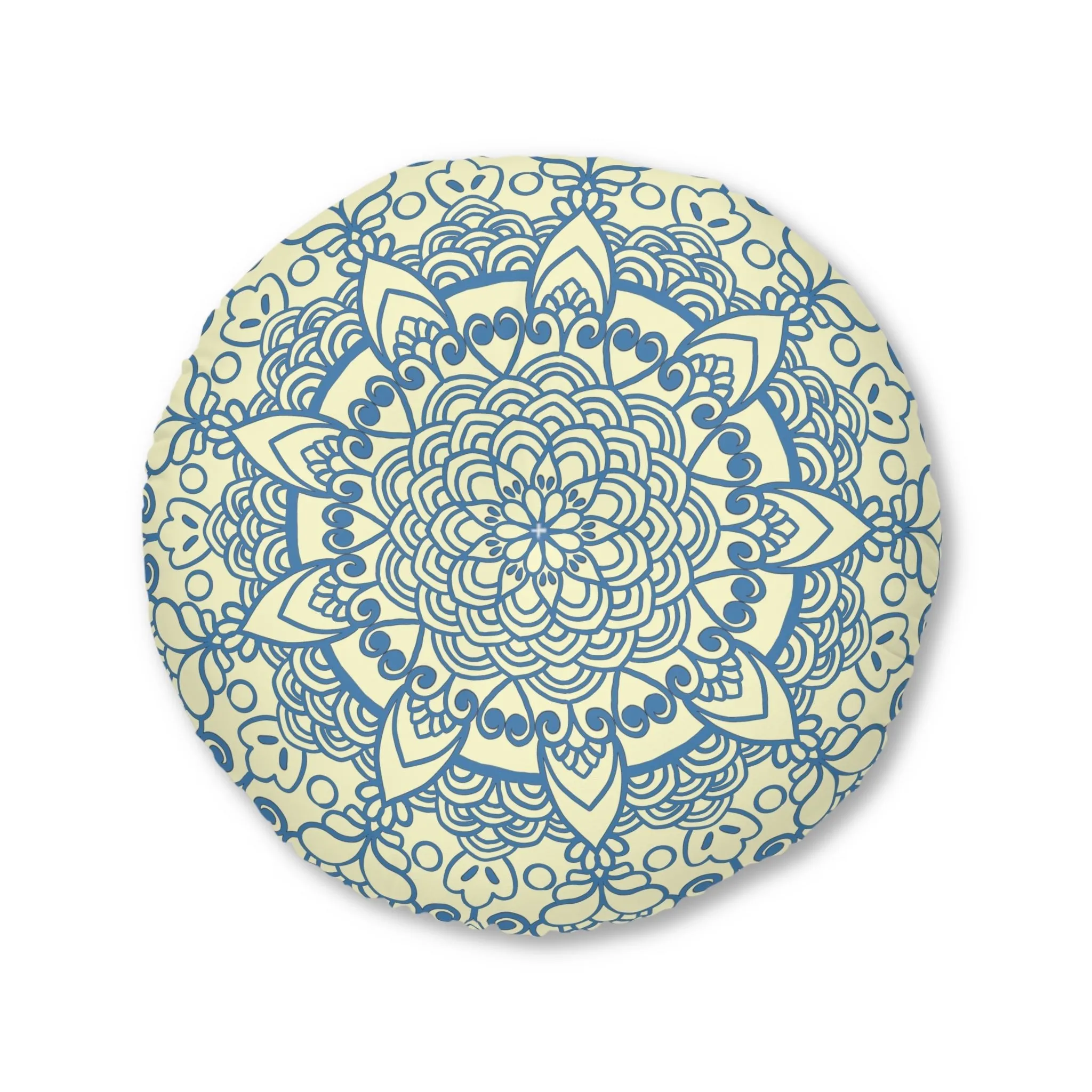 Handmade Mandala Art Floor Cushion - Steel Blue on Cream Background - Drawn by Hand - Tufted Round Pillow