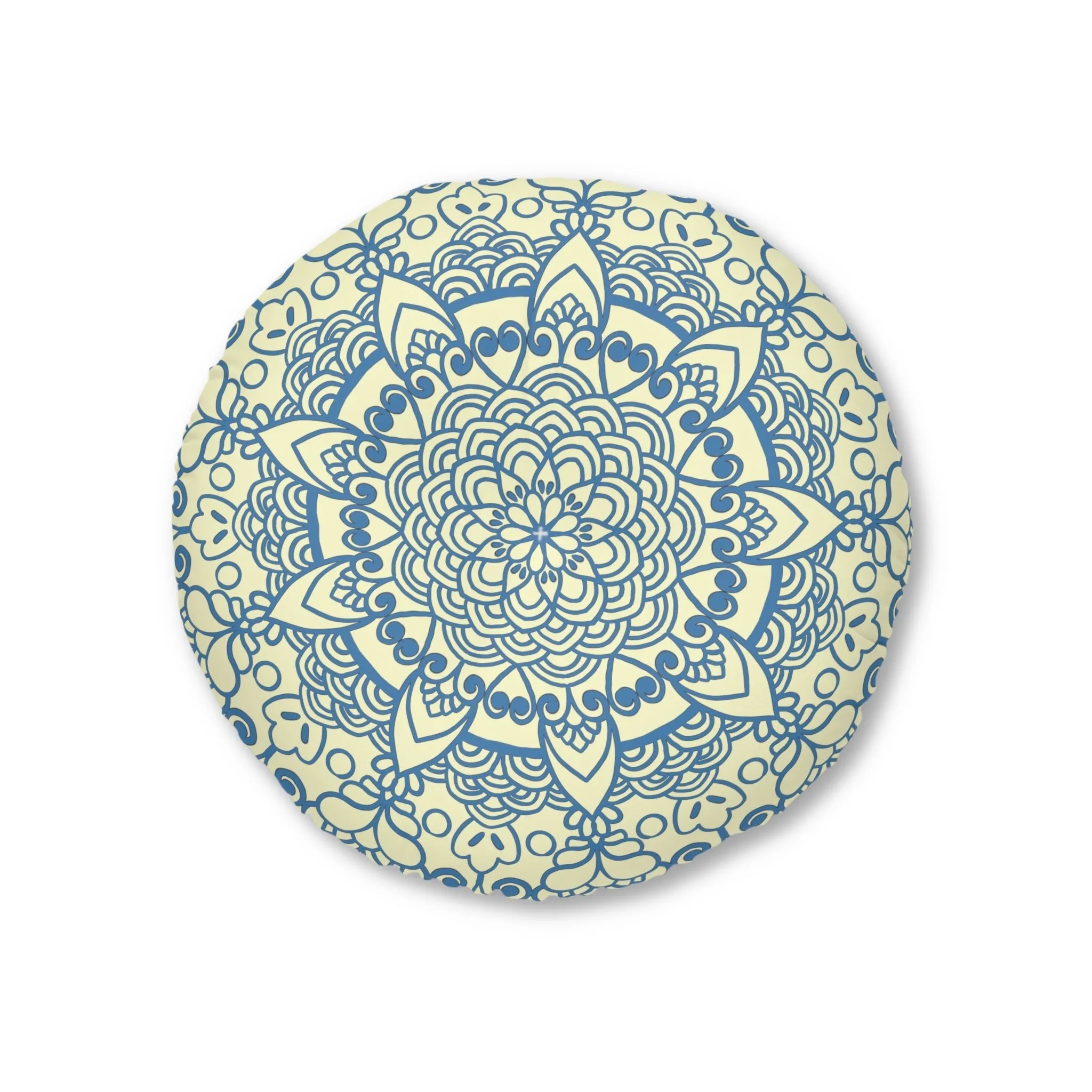 Handmade Mandala Art Floor Cushion - Steel Blue on Cream Background - Drawn by Hand - Tufted Round Pillow